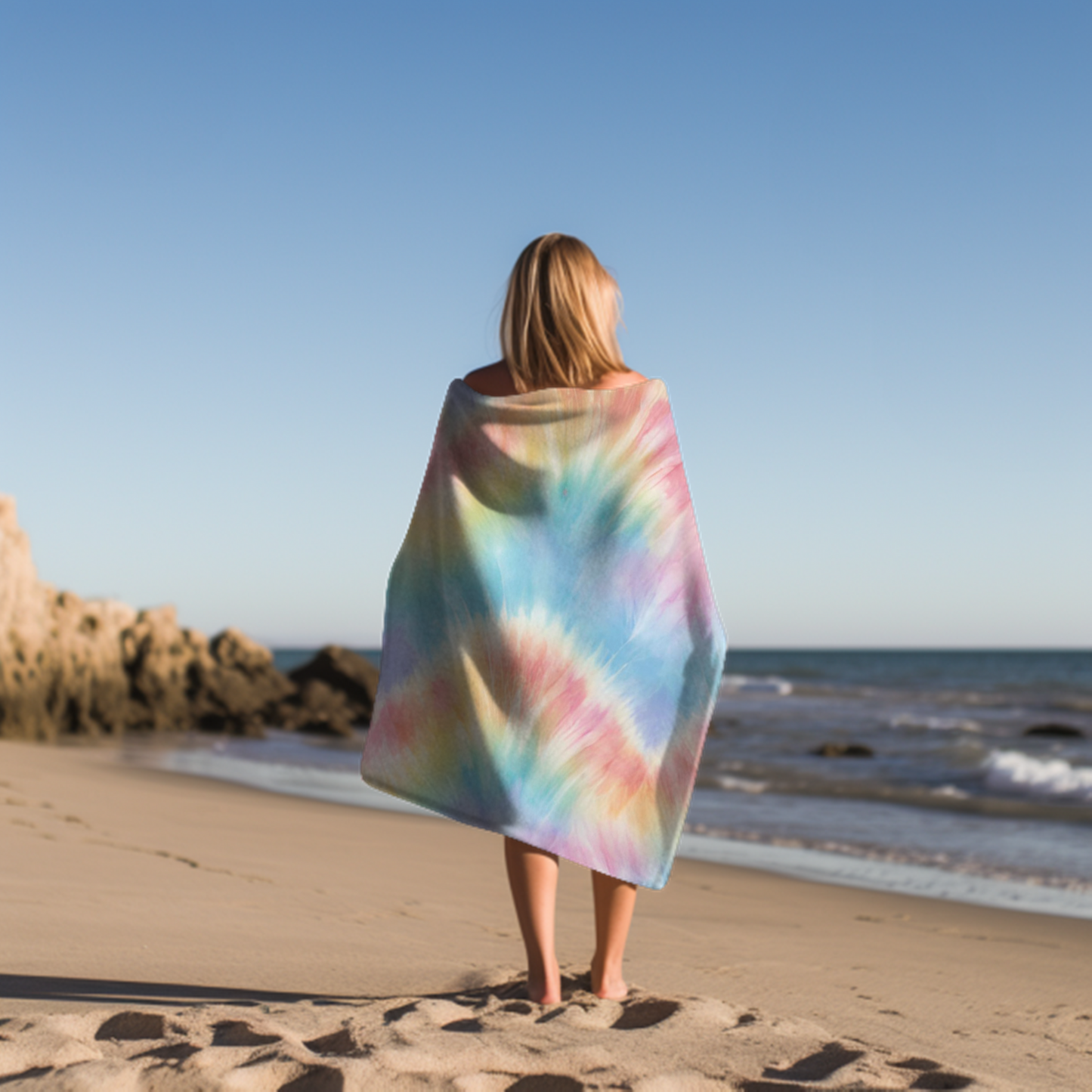 Pastel Tie Dye Beach Towel in shades of Blue, pink, yellow and purple. Watercolor Pool Towel | Coastal Bachelorette Gift | Cruise Accessories | Beach Vacation Blanket | Tween Teen Girl Birthday Gift, by jaecrece