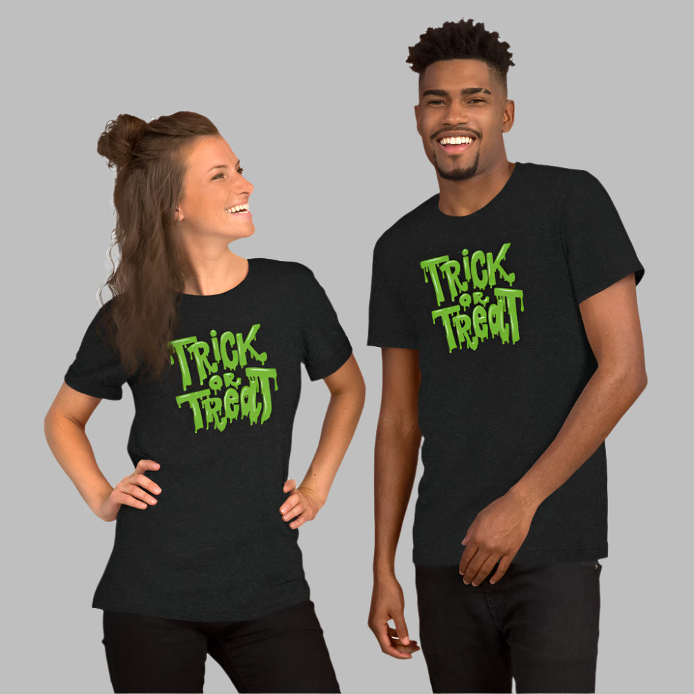 Trick or Treat slime shirt for Halloween in unisex adult sizing. This horror-themed graphic tee features green ooze dripping letters on soft, breathable cotton. Ideal for spooky season festivities or as a Halloween costume alternative. Sizes range from XS to 5XL, making it perfect for Halloween lovers, couples, or matching friend outfits.