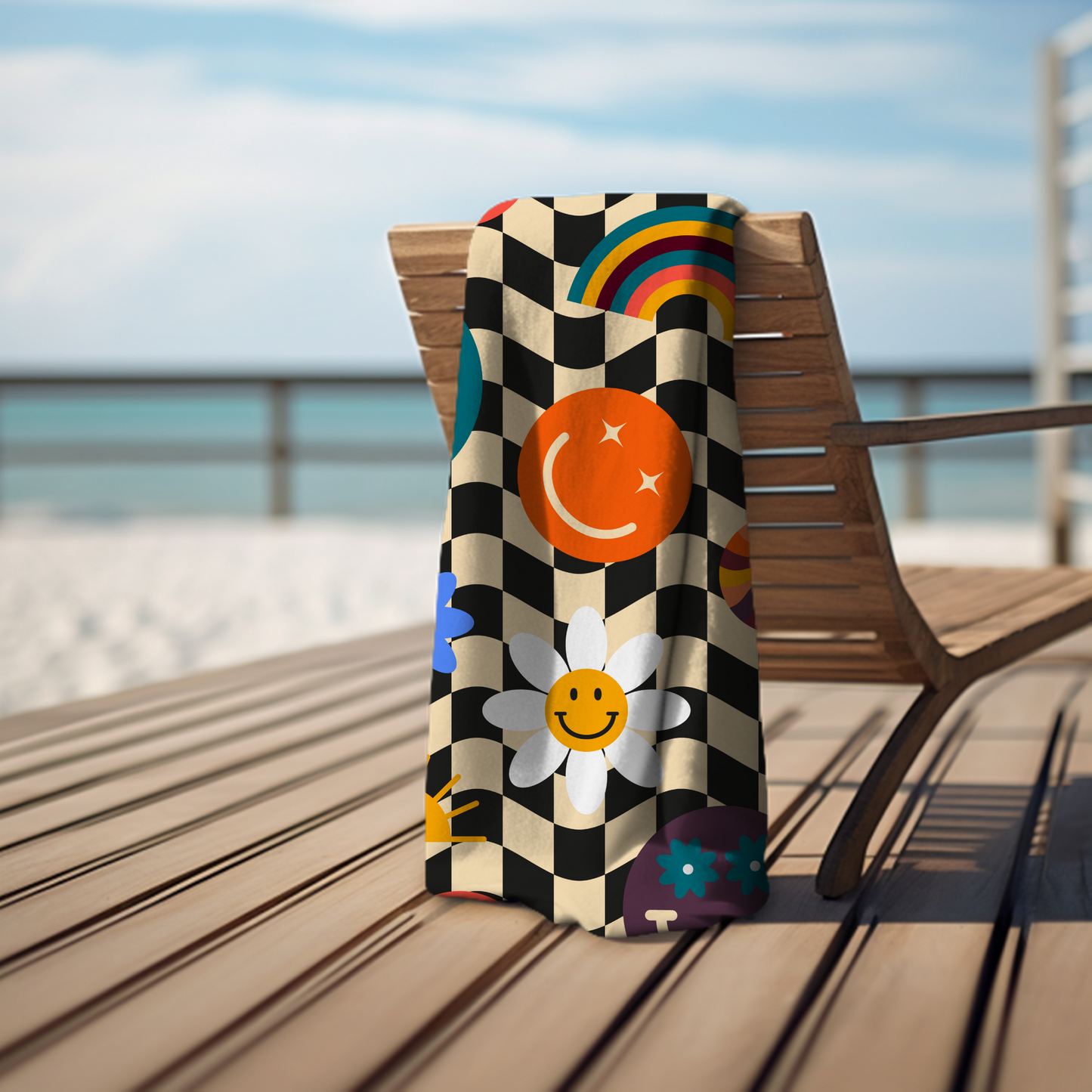 This retro checkerboard smiley towel brings vintage charm and happiness to every summer day. Featuring bold checks, a bright smiley motif, and a cozy cotton terry back, it’s the perfect beach or pool companion. Great as a travel towel, picnic blanket, or fun gift idea for coastal vacations, spring break, or retro aesthetic fans who love colorful statement accessories.