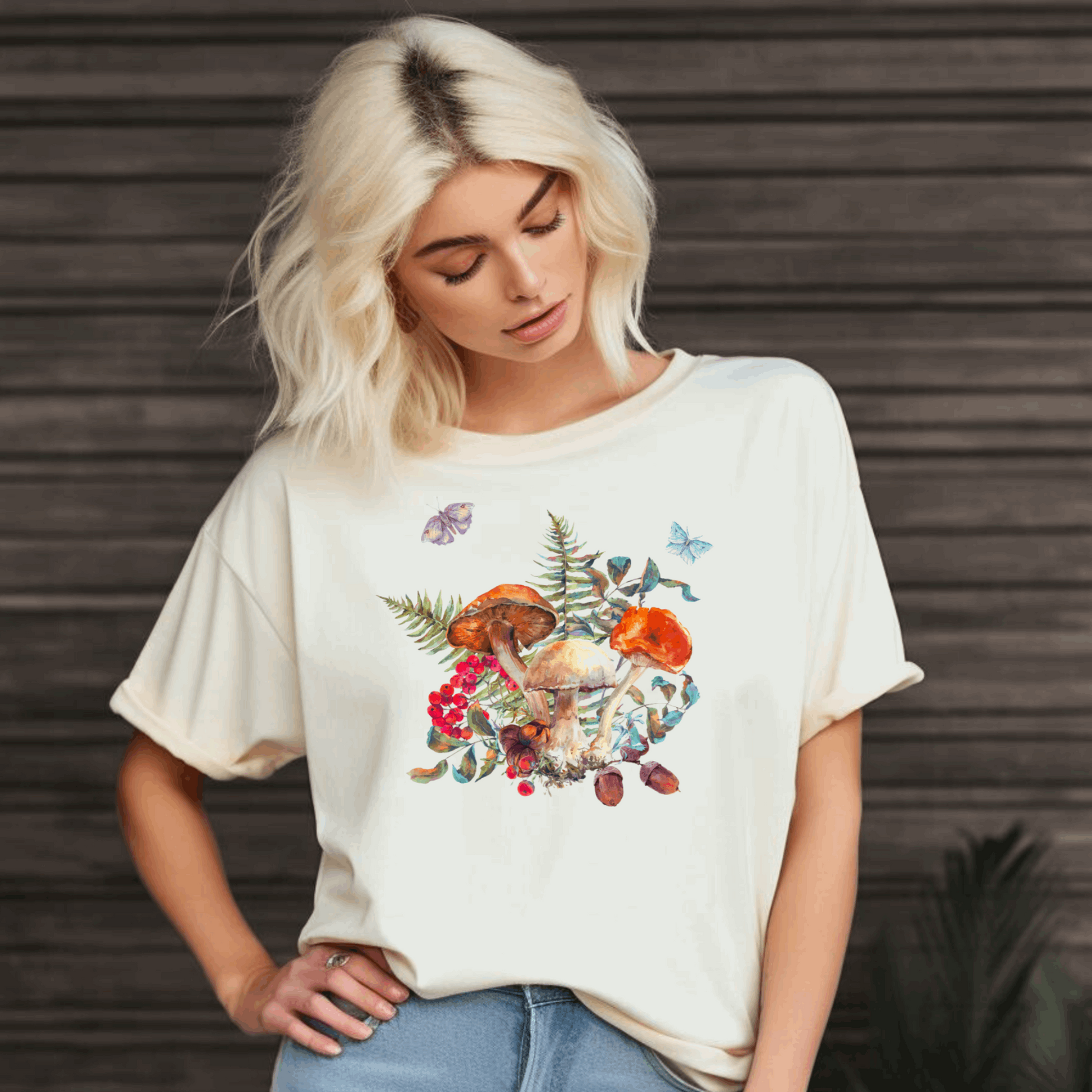 Boho Mushroom Botanical Shirt, available in Ivory, Blue Spruce, Butter, Granite and Pepper, with mushrooms, ferns, butterflies berries and acorns. Vintage Butterfly Floral Tee, Cute Cottage Fairycore Aesthetic Tshirt, Autumn Fall Nature Inspired Gift