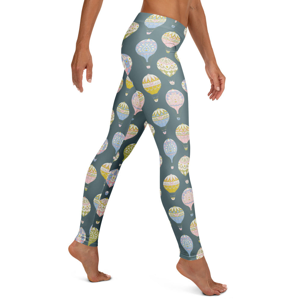 Sky-inspired Hot Air Balloon Ladies Leggings made of high-quality microfiber yarn for a smooth, breathable fit. These mid-rise, full-length leggings showcase pastel balloon patterns and UPF 50+ protection. Ideal for moms who love matching styles with their daughters, perfect for yoga, travel, or weekend adventures in comfort.