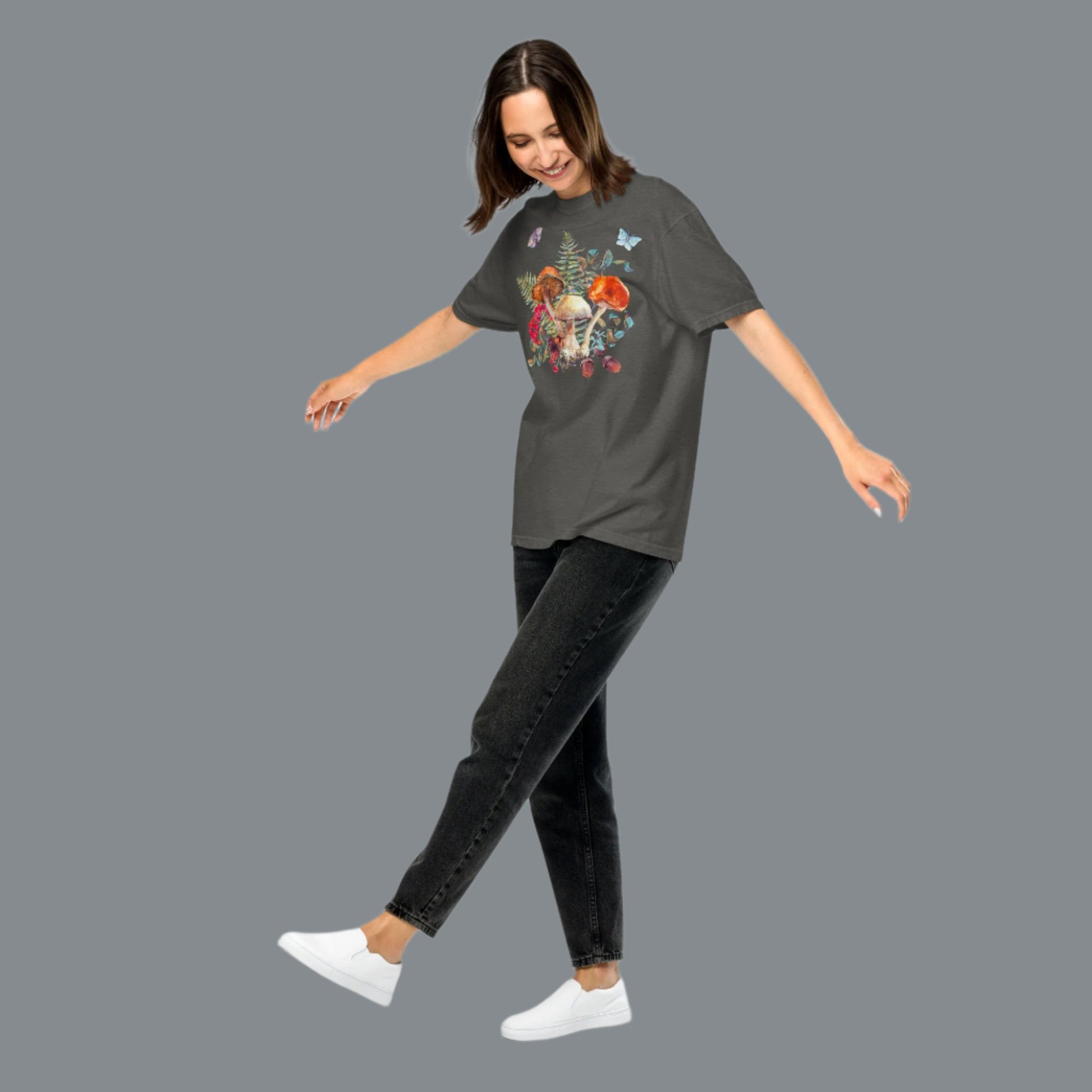 Boho Mushroom Botanical Shirt, available in Ivory, Blue Spruce, Butter, Granite and Pepper, with mushrooms, ferns, butterflies berries and acorns. Vintage Butterfly Floral Tee, Cute Cottage Fairycore Aesthetic Tshirt, Autumn Fall Nature Inspired Gift