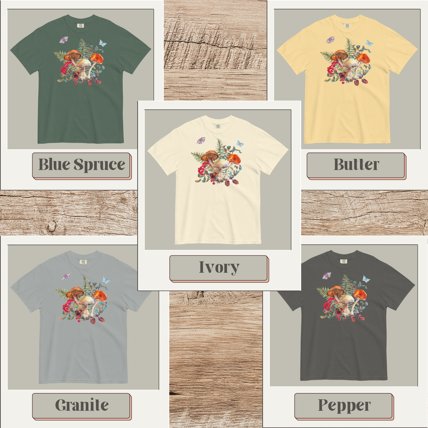 Boho Mushroom Shirt printed on Comfort Colors 1717 fabric featuring whimsical forest-inspired mushrooms, ferns, butterflies, moths, and berries in earthy tones Ivory, Blue Spruce, Butter, Granite, and Pepper. This unisex woodland graphic tee suits goblincore, fairyboho, cottagecore, and boho mystic aesthetics. Ideal for layering, cozy autumn outfits, or casual everyday wear. Made-to-order for sustainable fashion lovers, this botanical shirt makes a thoughtful gift for mushroom enthusiasts, plant lovers, for