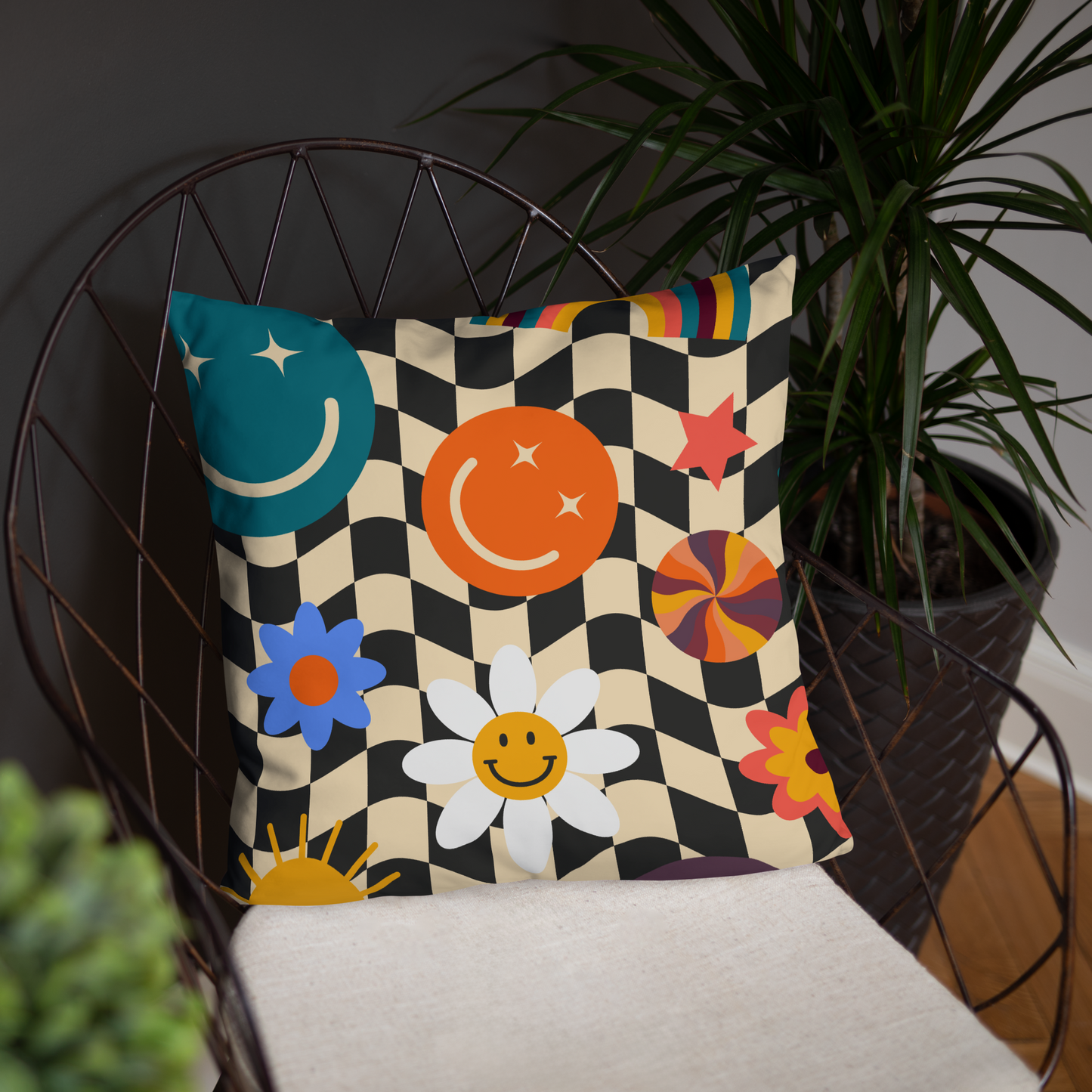 Smiley face checkerboard pillow styled on a modern chair, offering a cute easy décor update for small spaces. Retro Y2K aesthetic meets soft girl vibe with cheerful smiley icon print. Cute home décor gift for teens, students and friends creating a cozy reading nook, dorm lounge or stylish apartment. Decorative throw pillow adding comfort, personality and fun happy room styling.