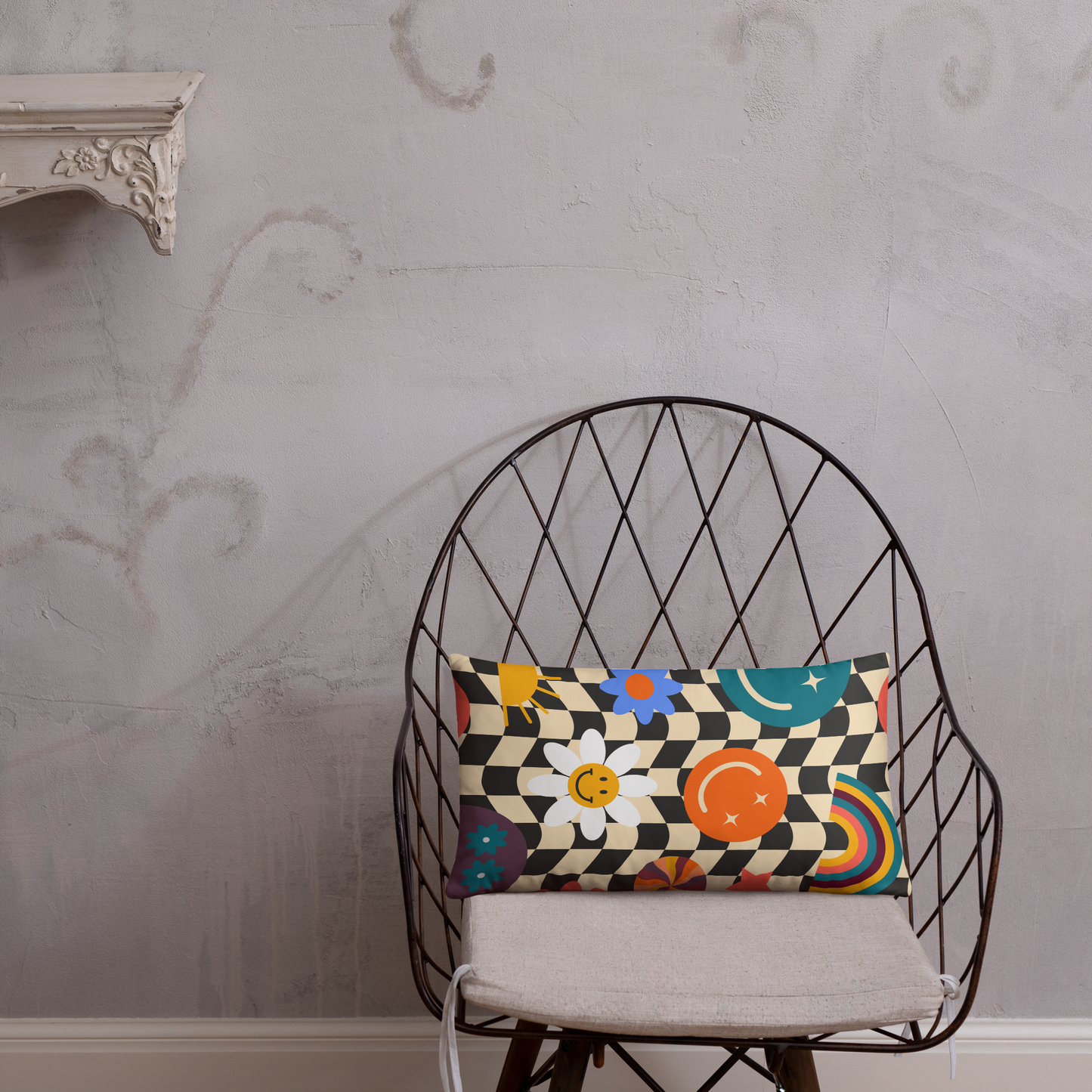 Y2K smiley face checkerboard throw pillow showing high-quality fabric, crisp double-sided print, and hidden zipper detail. Retro soft girl aesthetic with cheerful smiley icons on bold check pattern makes this decorative accent pillow a fun addition to teen bedrooms, dorms, or cozy apartments. Perfect gift or trendy home décor accent that adds vibrant color, comfort, and playful personality.