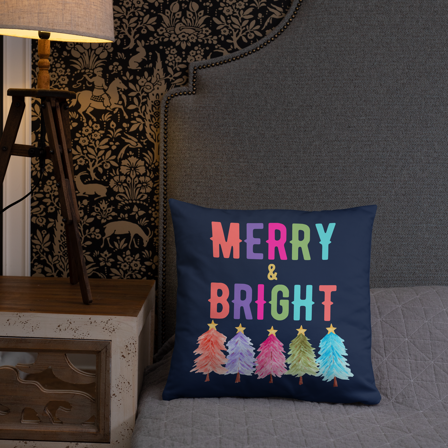 Merry & Bright Christmas Throw Pillow, Holiday Home and Patio Decor. This square pillow has a deep blue navy background, with Merry & Bright printed in Coral, Purple, Pink, Green, Teal. This pillow also features Christmas trees in the same colors. by jaecrece