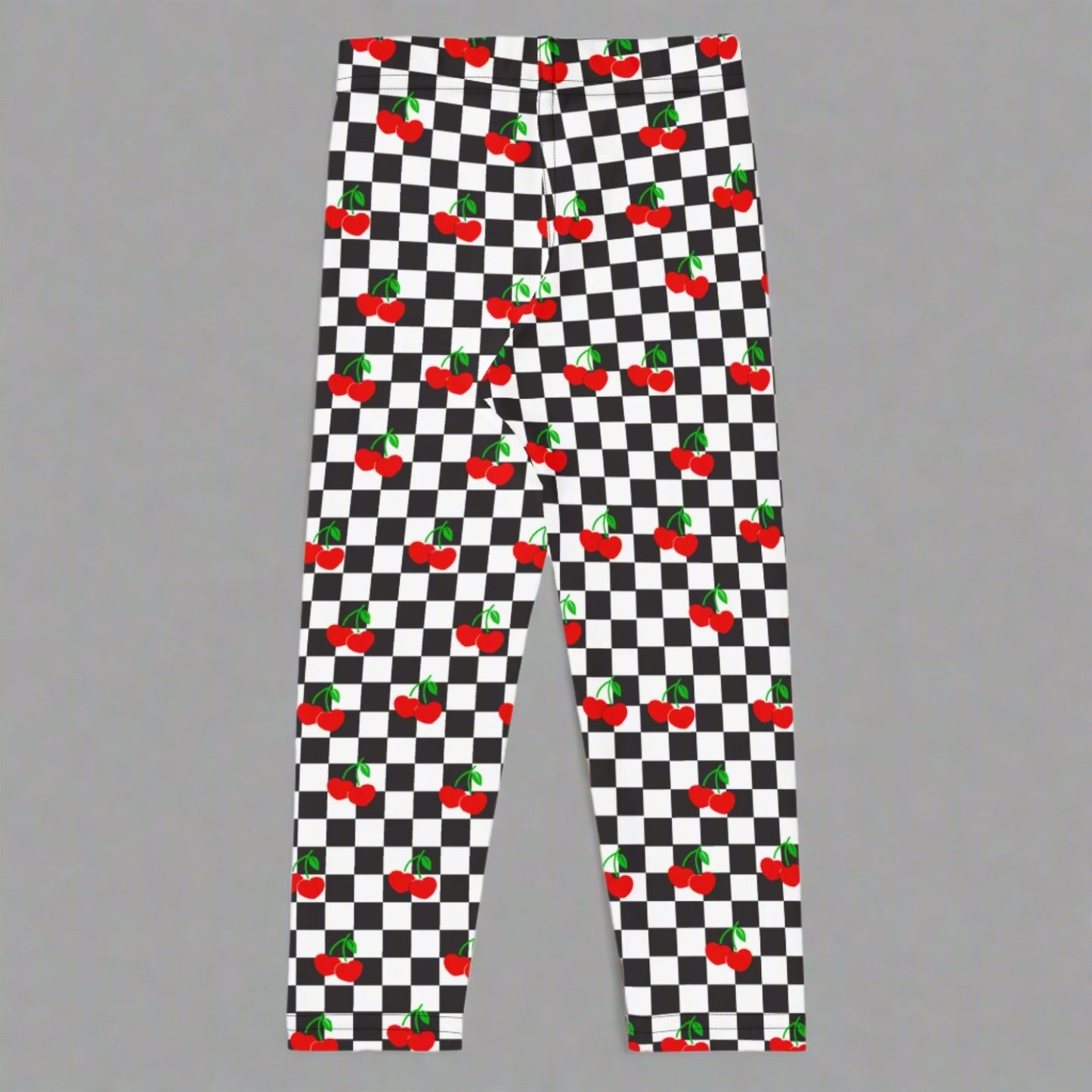 Love You CHERRY Much Child Leggings, Size 2T-7, with a black and white checkerboard cherry pattern. These - jaecrece These toddler leggings are great for back to school or as a birthday or christmas gift!