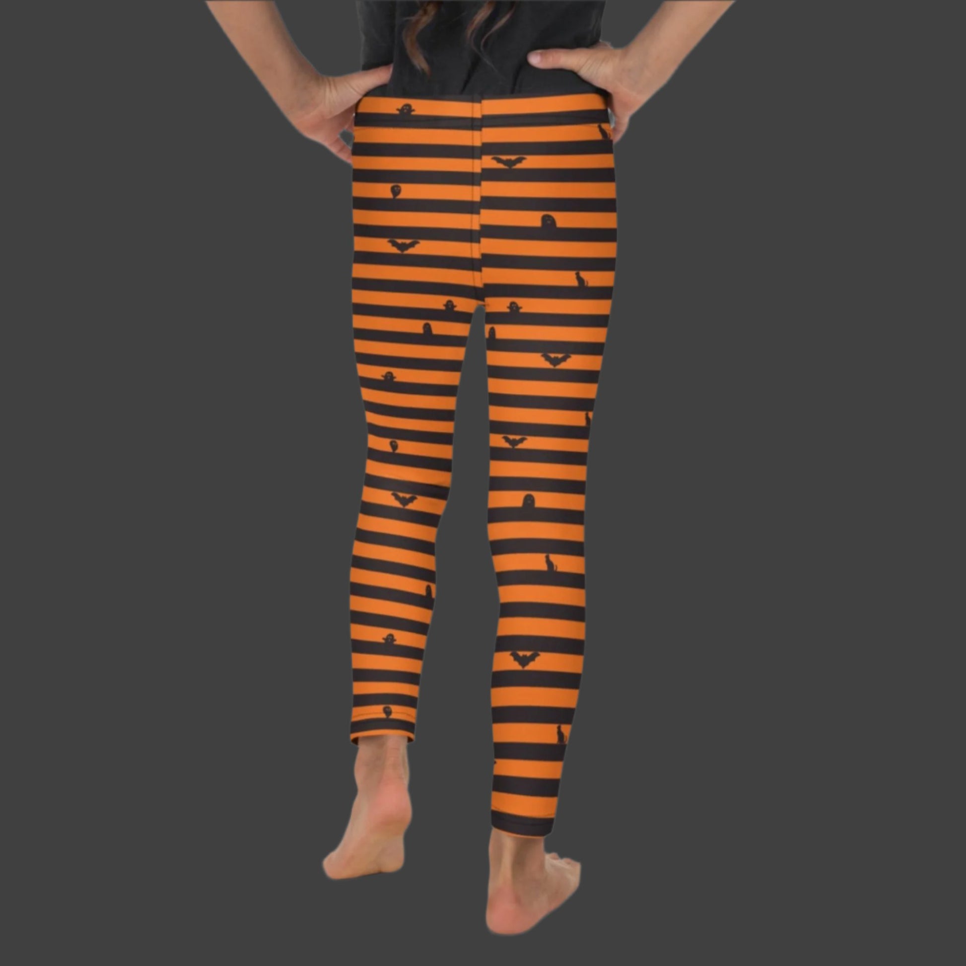 Orange and Black Stripe Halloween Toddler Leggings, with cute bats, ghosts and black cats. Girls Toddler Tights for Trick or Treating. Halloween school pants outfit, by jaecrece