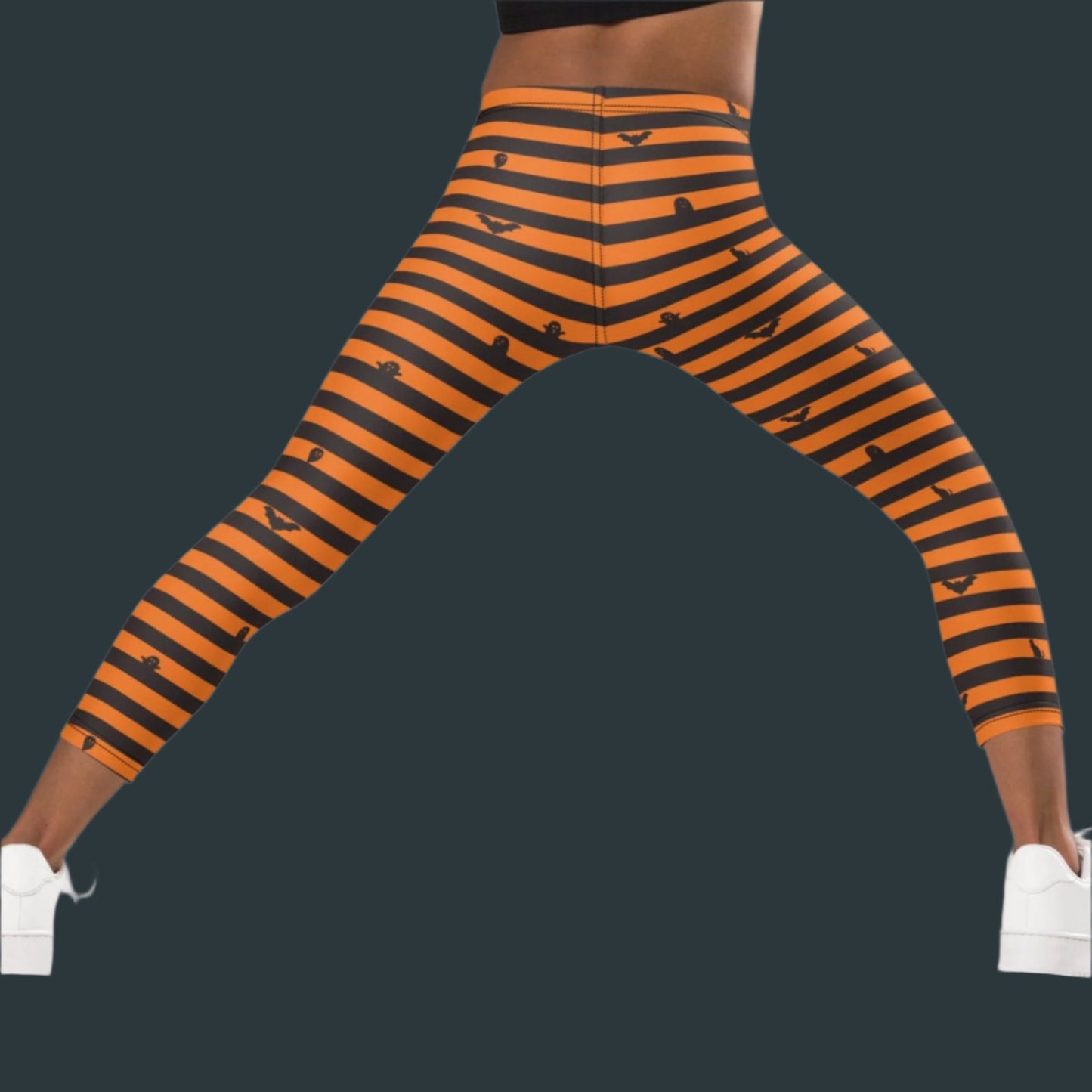 Orange and Black Stripe Halloween Toddler Leggings, with cute bats, ghosts and black cats. Girls Toddler Tights for Trick or Treating. Halloween school pants outfit, by jaecrece