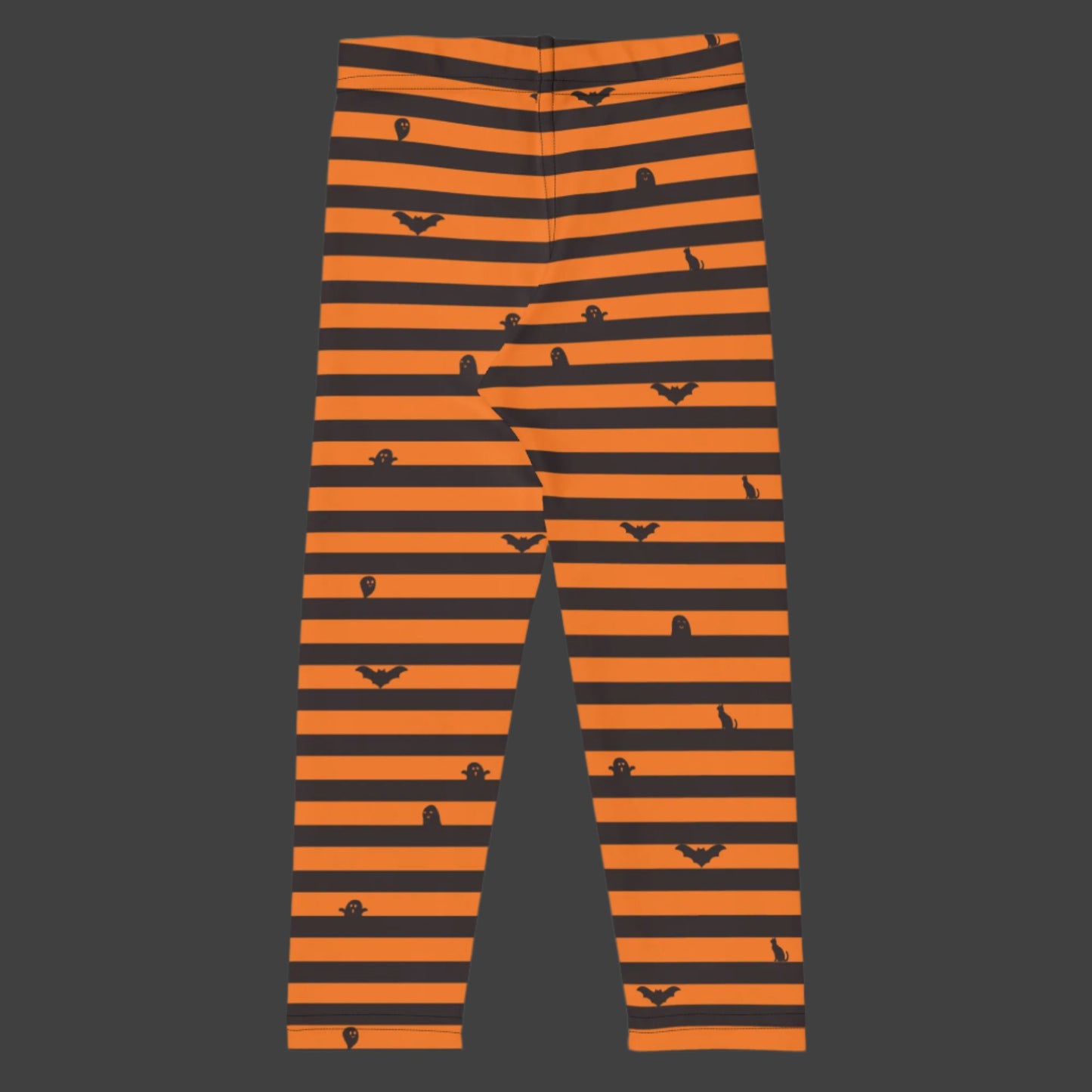 Orange and Black Stripe Halloween Toddler Leggings, with cute bats, ghosts and black cats. Girls Toddler Tights for Trick or Treating. Halloween school pants outfit, by jaecrece