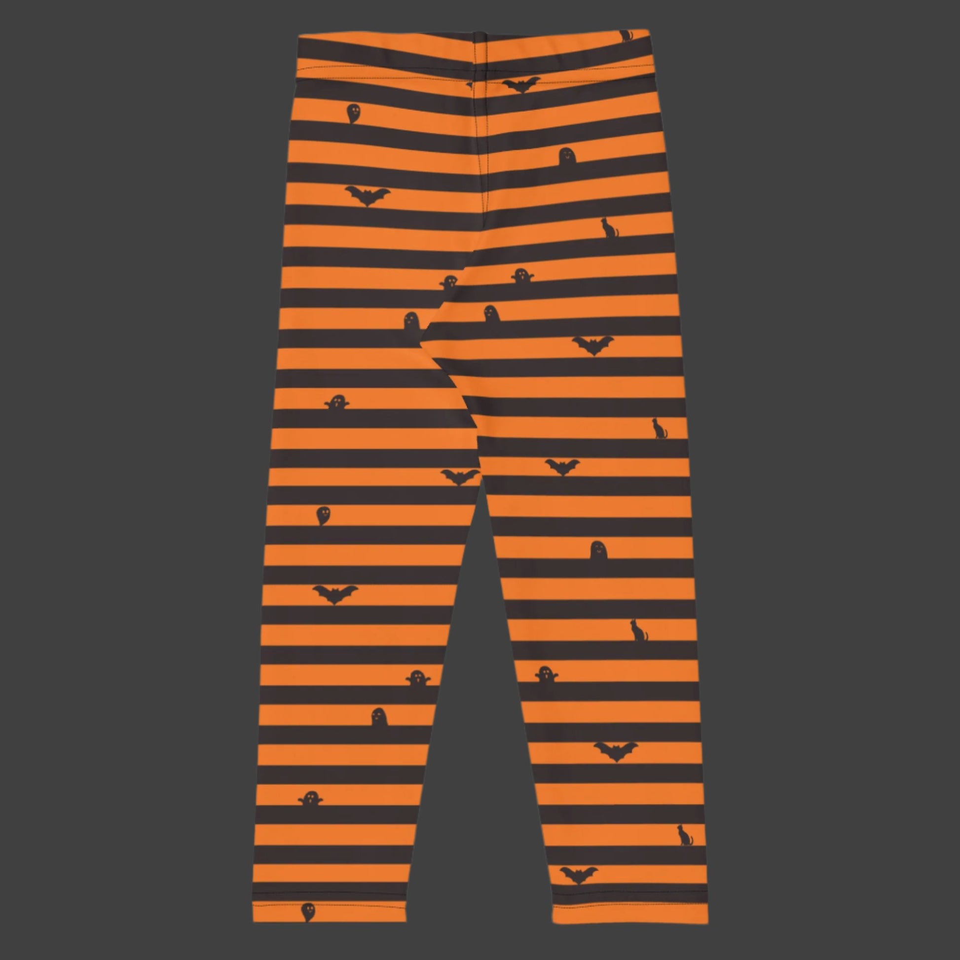 Orange and Black Stripe Halloween Toddler Leggings, with cute bats, ghosts and black cats. Girls Toddler Tights for Trick or Treating. Halloween school pants outfit, by jaecrece