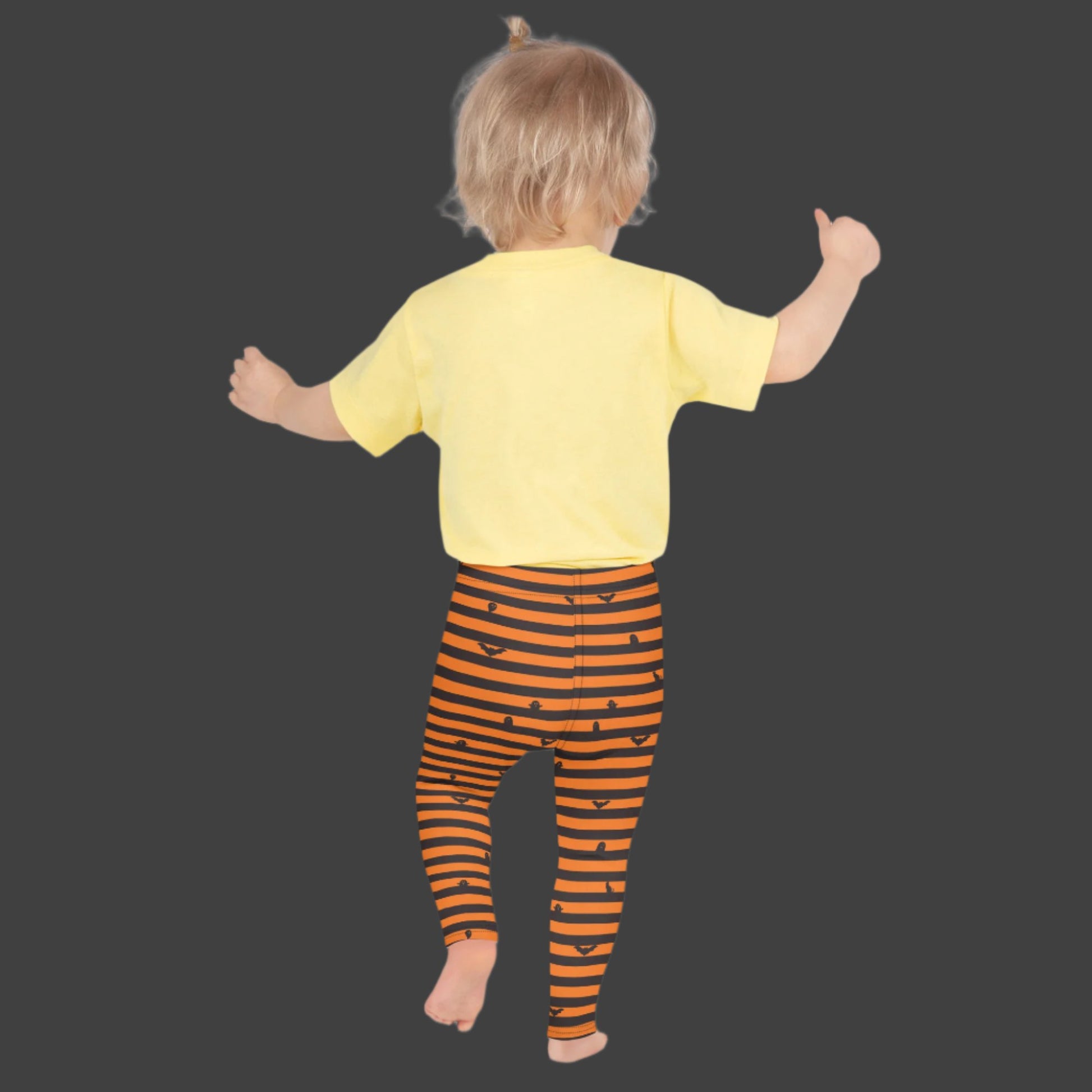 Orange and Black Stripe Halloween Toddler Leggings, with cute bats, ghosts and black cats. Girls Toddler Tights for Trick or Treating. Halloween school pants outfit, by jaecrece