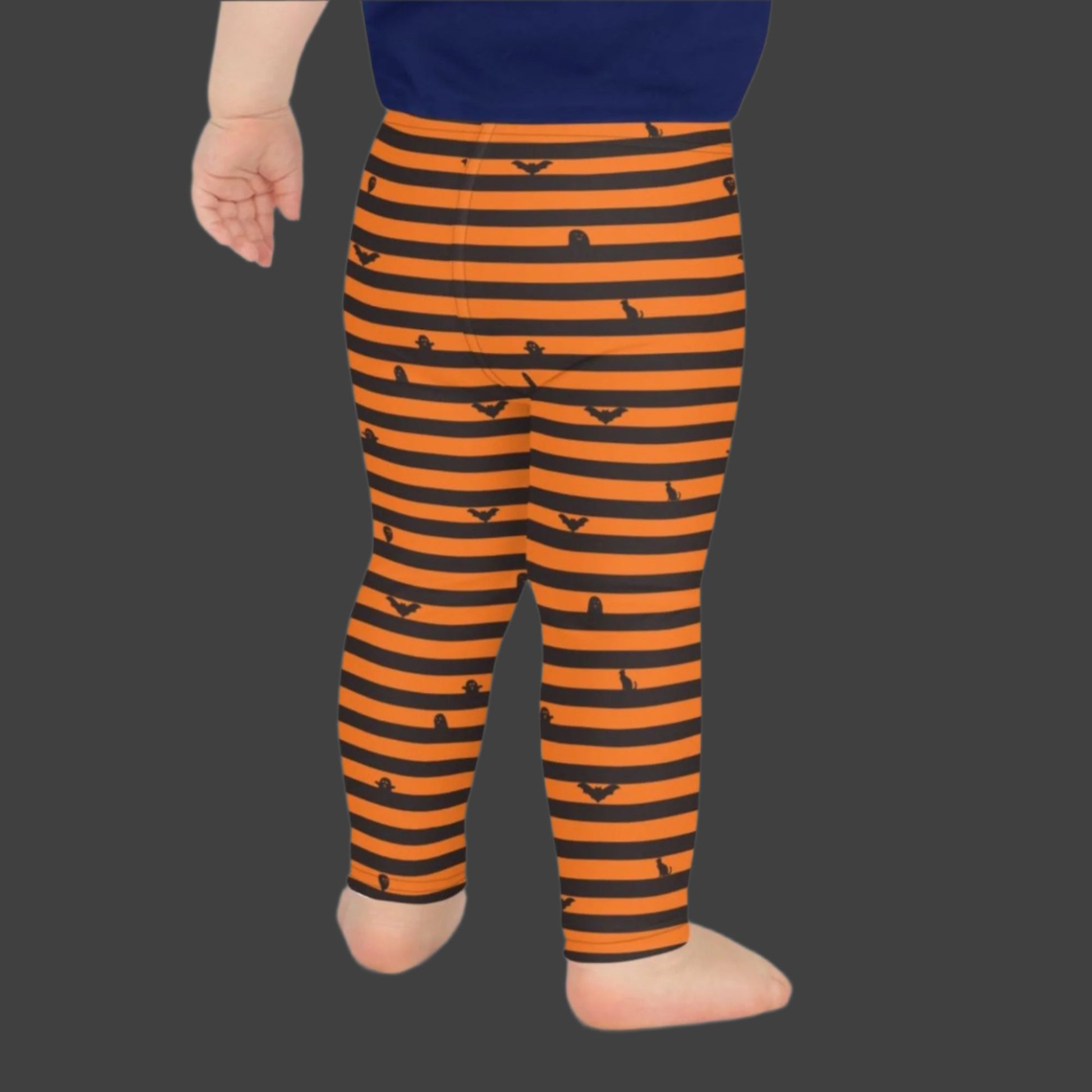 Orange and Black Stripe Halloween Toddler Leggings, with cute bats, ghosts and black cats. Girls Toddler Tights for Trick or Treating. Halloween school pants outfit, by jaecrece