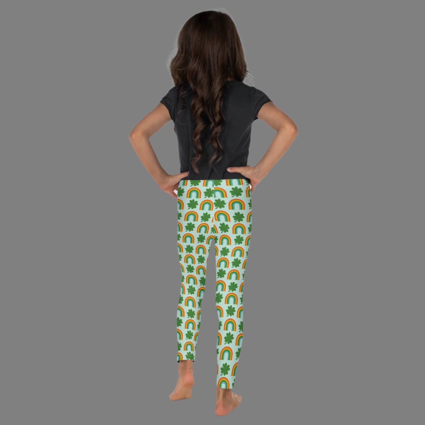 Image: St Patricks Day Toddler Leggings, soft printed tights with a repeating rainbow and shamrock print, All You Need is Luck St Pattys Day Child Leggings, Cute Rainbow & Shamrock Pattern, Girls Yoga Pants with Shamrock & Rainbow Pattern, by jaecrece