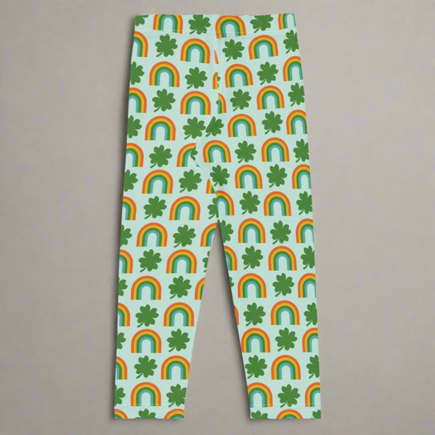 Image: St Patricks Day Toddler Leggings, soft printed tights with a repeating rainbow and shamrock print, All You Need is Luck St Pattys Day Child Leggings, Cute Rainbow & Shamrock Pattern, Girls Yoga Pants with Shamrock & Rainbow Pattern, by jaecrece