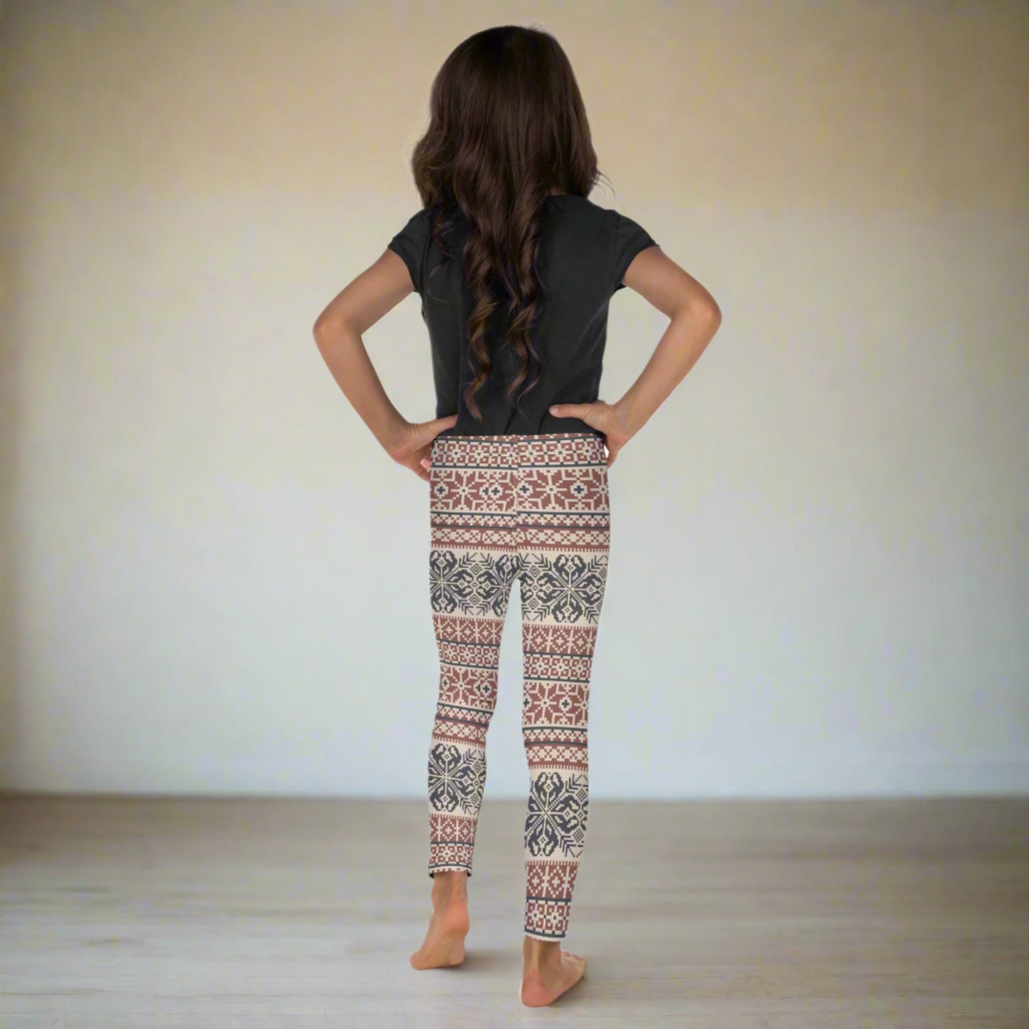 Image: Fair Isle Girls Leggings with a Nordic Snowflake pattern in cream, maroon and navy blue. Scandi Active wear yoga pants in child an toddler sizes 2T-7, by jaecrece
