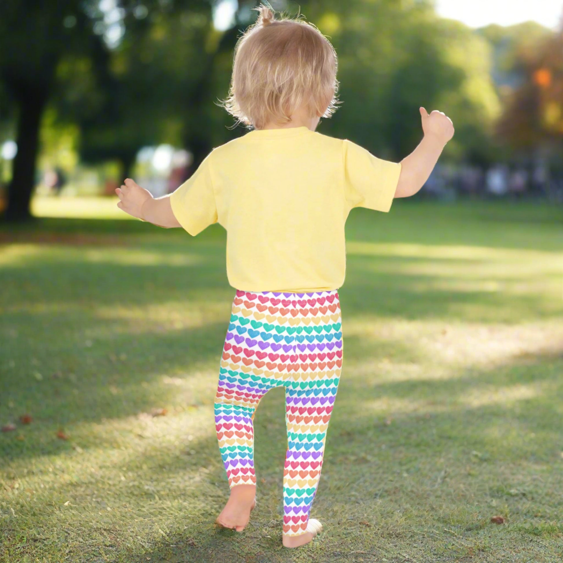 These toddler leggings are soft, stretchy, and covered in happy rainbow hearts—perfect for the little one who loves color! With sizes from 2T to 7, they're made to move and match with youth and women's sizes for coordinated family fun at Pride, parties, or playful weekends.