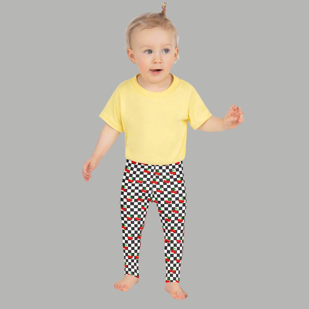 Love You CHERRY Much Child Leggings, Size 2T-7, with a black and white checkerboard cherry pattern. These - jaecrece These toddler leggings are great for back to school or as a birthday or christmas gift!