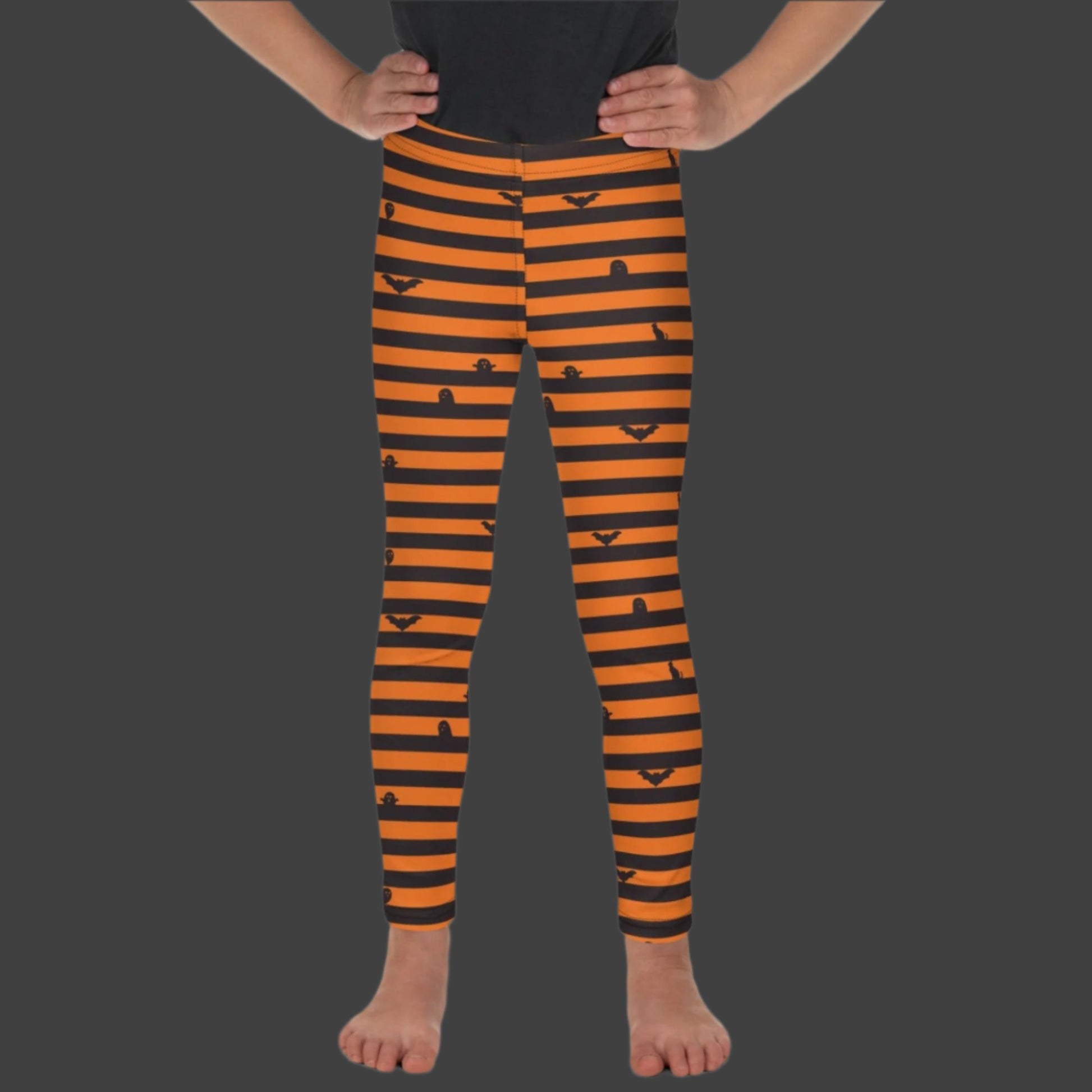 Orange and Black Stripe Halloween Toddler Leggings, with cute bats, ghosts and black cats. Girls Toddler Tights for Trick or Treating. Halloween school pants outfit, by jaecrece