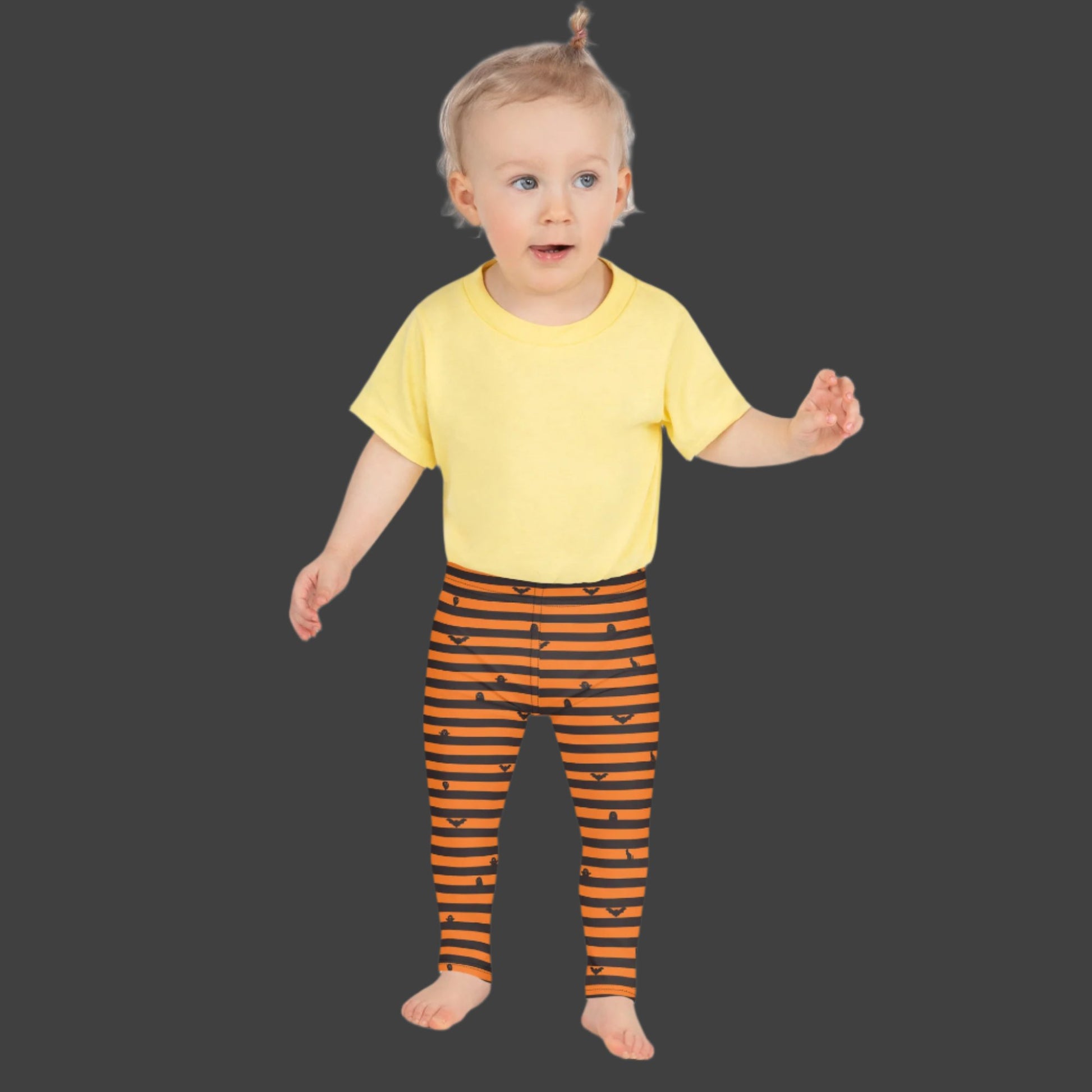 Orange and Black Stripe Halloween Toddler Leggings, with cute bats, ghosts and black cats. Girls Toddler Tights for Trick or Treating. Halloween school pants outfit, by jaecrece