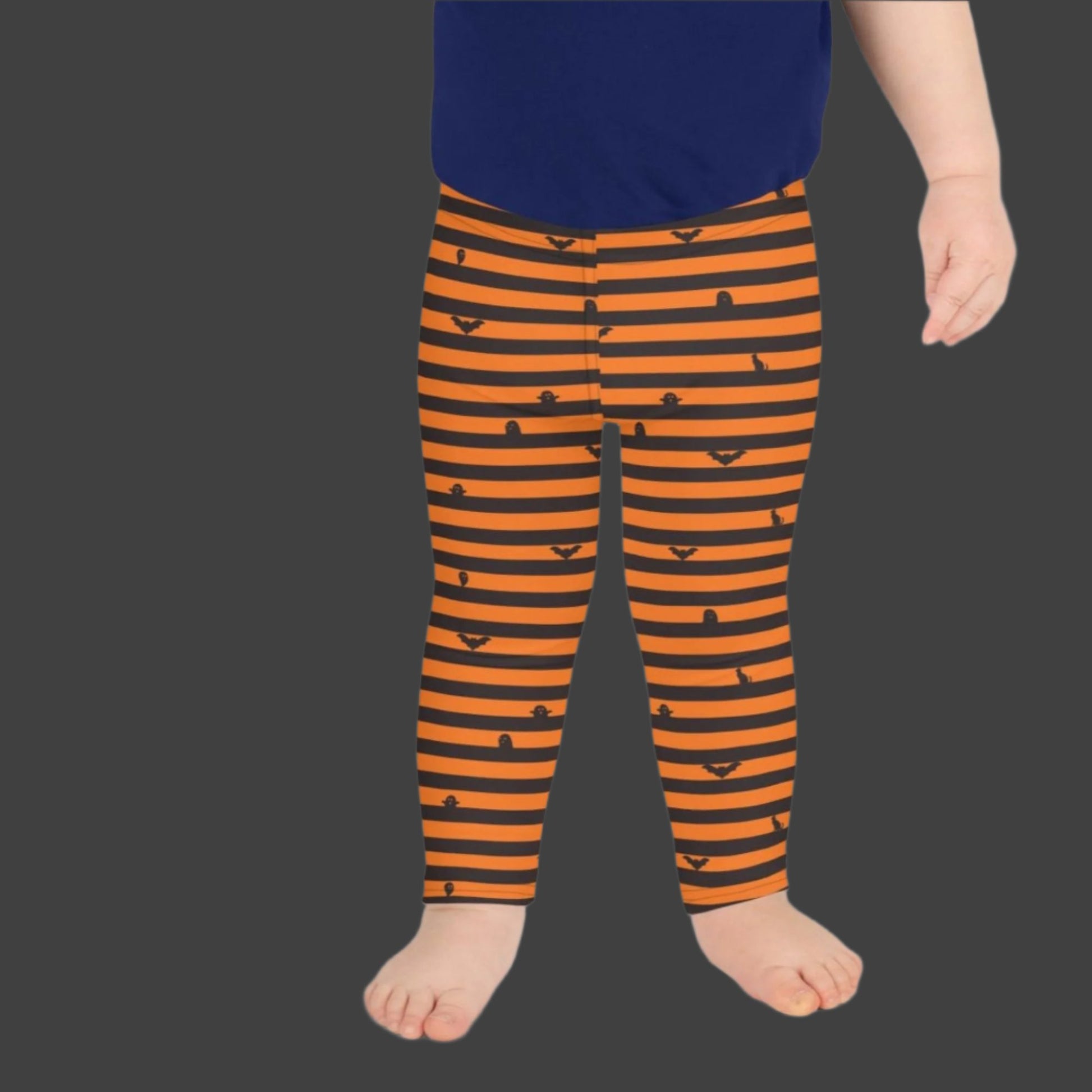 Orange and Black Stripe Halloween Toddler Leggings, with cute bats, ghosts and black cats. Girls Toddler Tights for Trick or Treating. Halloween school pants outfit, by jaecrece