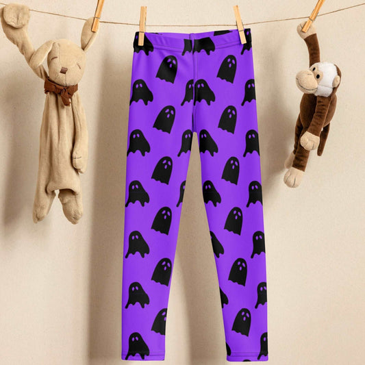 Purple toddler Halloween leggings with a black cute ghost face print, available in size 2T-7. These yoga leggings are perfect or trick or treating or for a Halloween costume. Unisex. by jaecrece