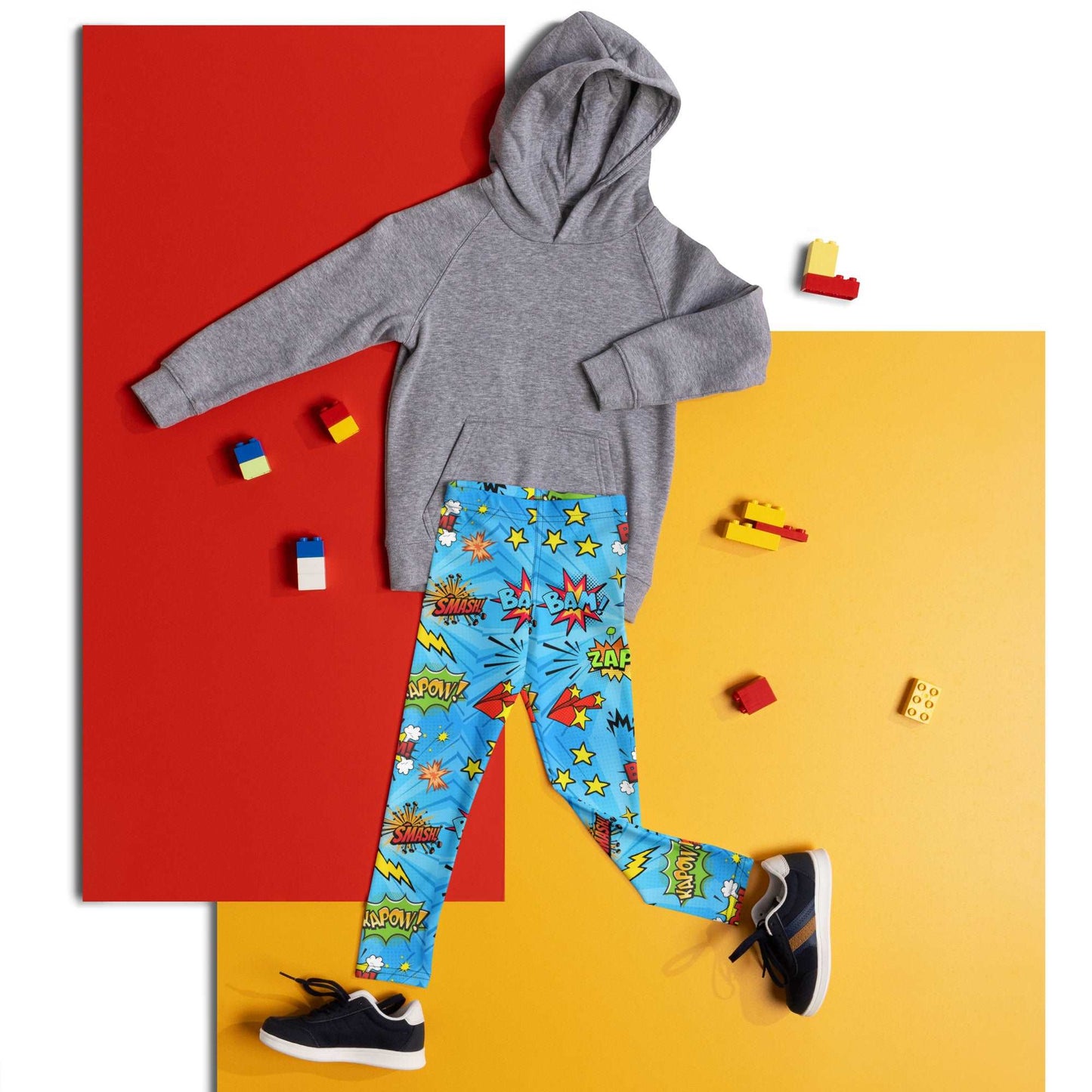 Blue leggings in size 2T-7, with superhero graphics, and phrases like: Bam, Smash, Zap, Kapow. Comic Book Toddler Leggings, Superhero Kids Pants, Comic Con Cosplay Tights, Birthday Party Gift for Boys or Girls, by jaecrece
