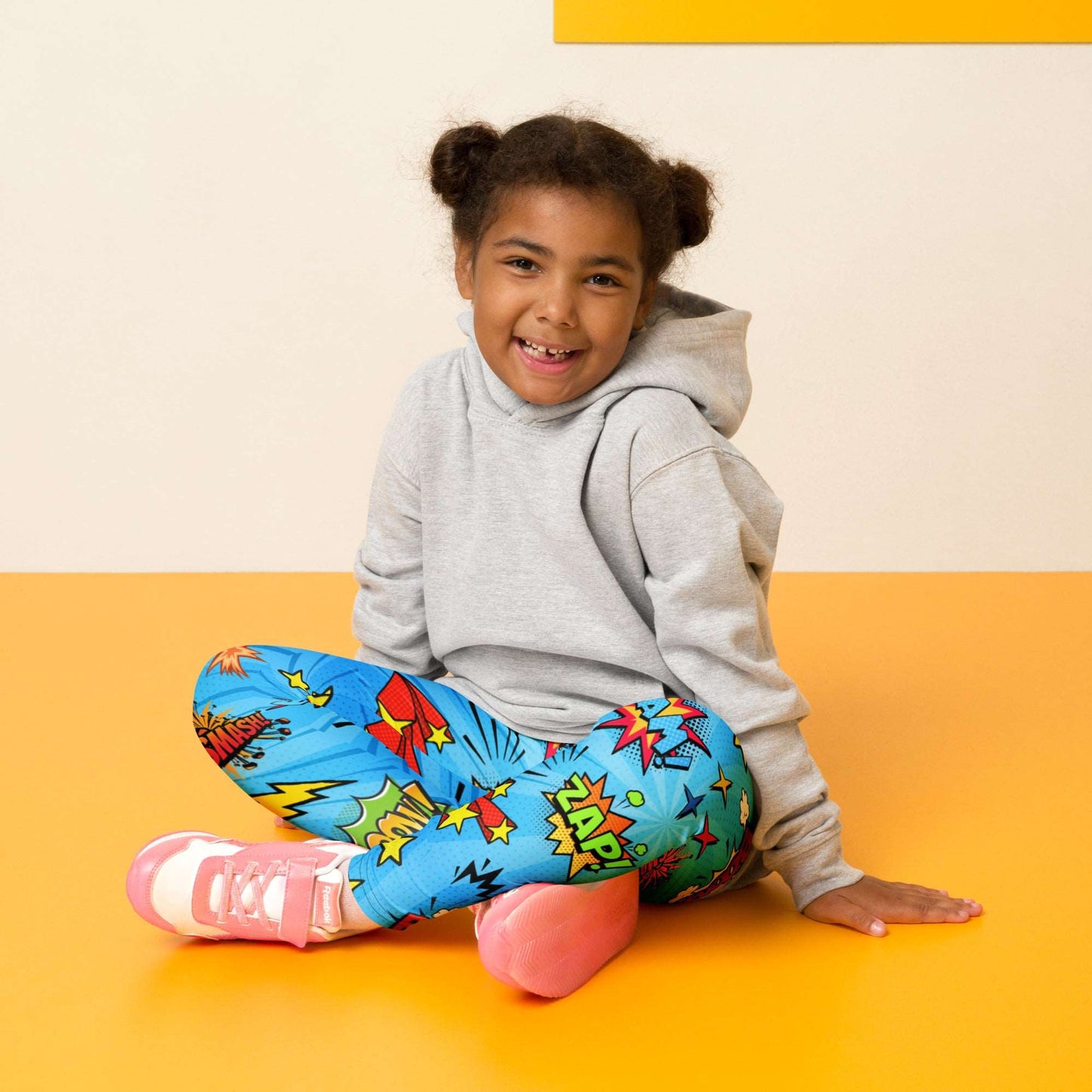Blue leggings in size 2T-7, with superhero graphics, and phrases like: Bam, Smash, Zap, Kapow. Comic Book Toddler Leggings, Superhero Kids Pants, Comic Con Cosplay Tights, Birthday Party Gift for Boys or Girls, by jaecrece