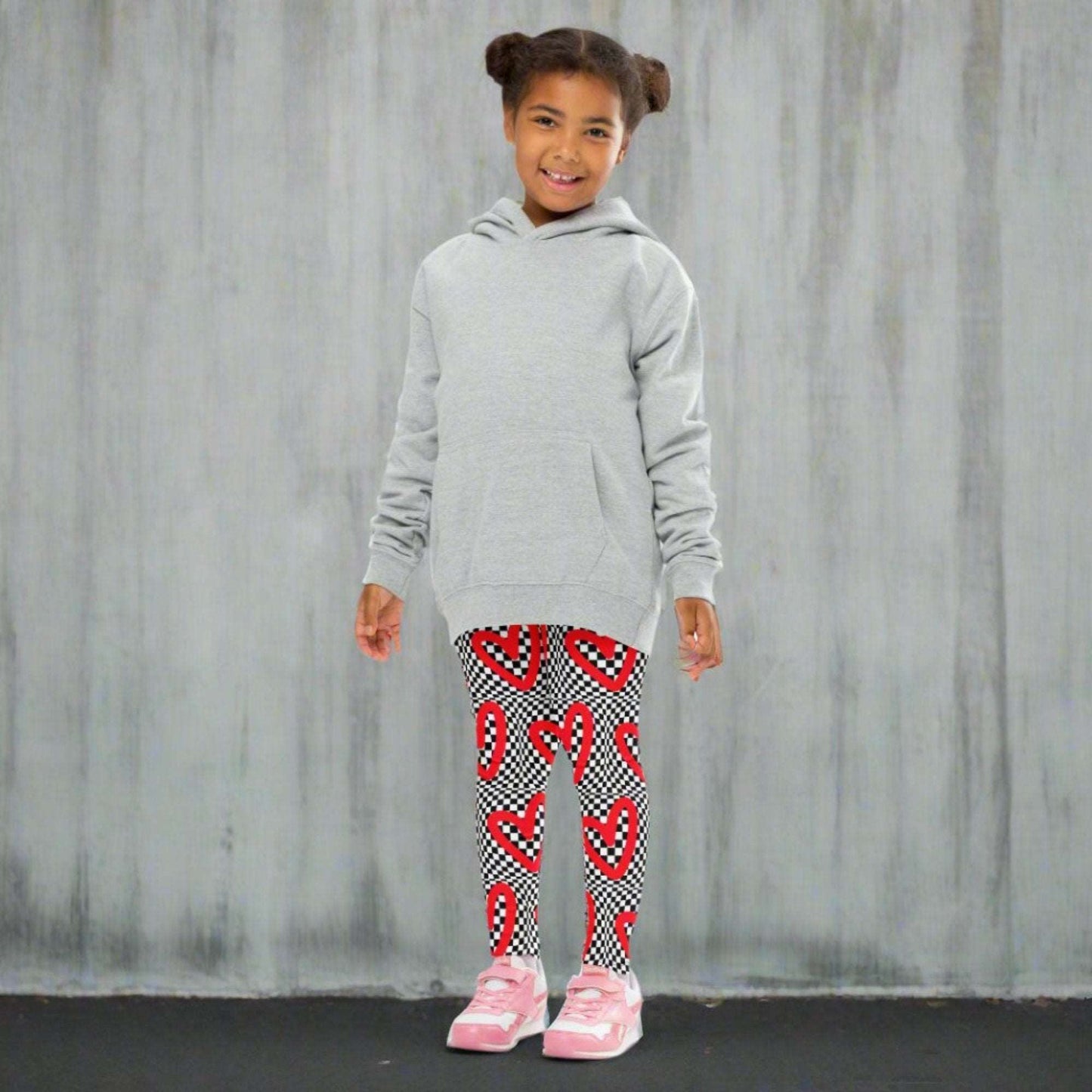 Checkerboard Heart Toddler Leggings, Size 2T- 7. Black and White checker pattern with bold red hearts. Optical illusion child pants, perfect for a gift or back to school, by jaecrece