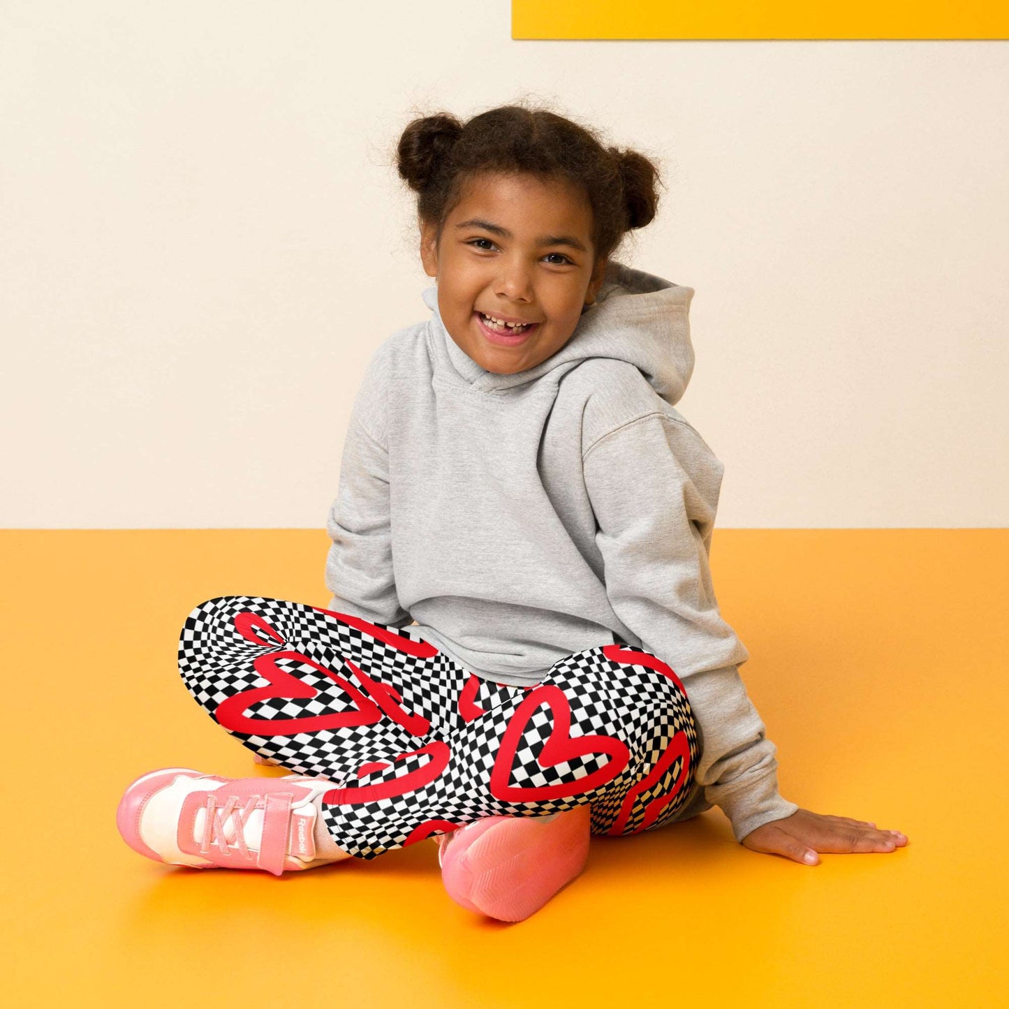 Checkerboard Heart Toddler Leggings, Size 2T- 7. Black and White checker pattern with bold red hearts. Optical illusion child pants, perfect for a gift or back to school, by jaecrece