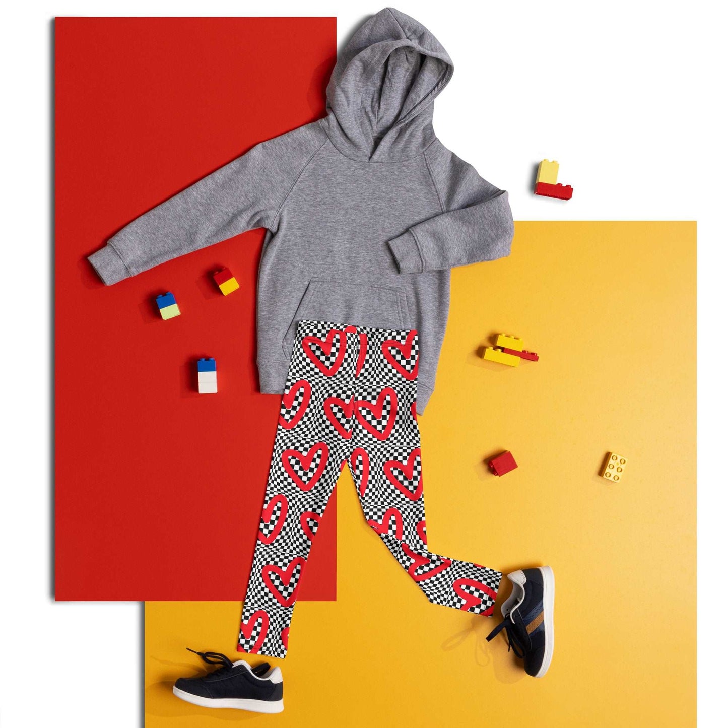 Checkerboard Heart Toddler Leggings, Size 2T- 7. Black and White checker pattern with bold red hearts. Optical illusion child pants, perfect for a gift or back to school, by jaecrece