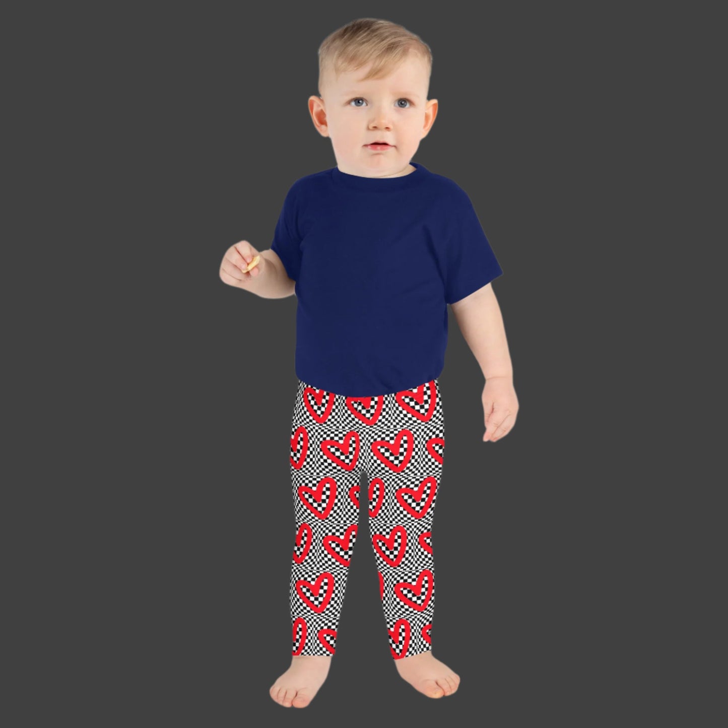 Checkerboard Heart Toddler Leggings, Size 2T- 7. Black and White checker pattern with bold red hearts. Optical illusion child pants, perfect for a gift or back to school, by jaecrece