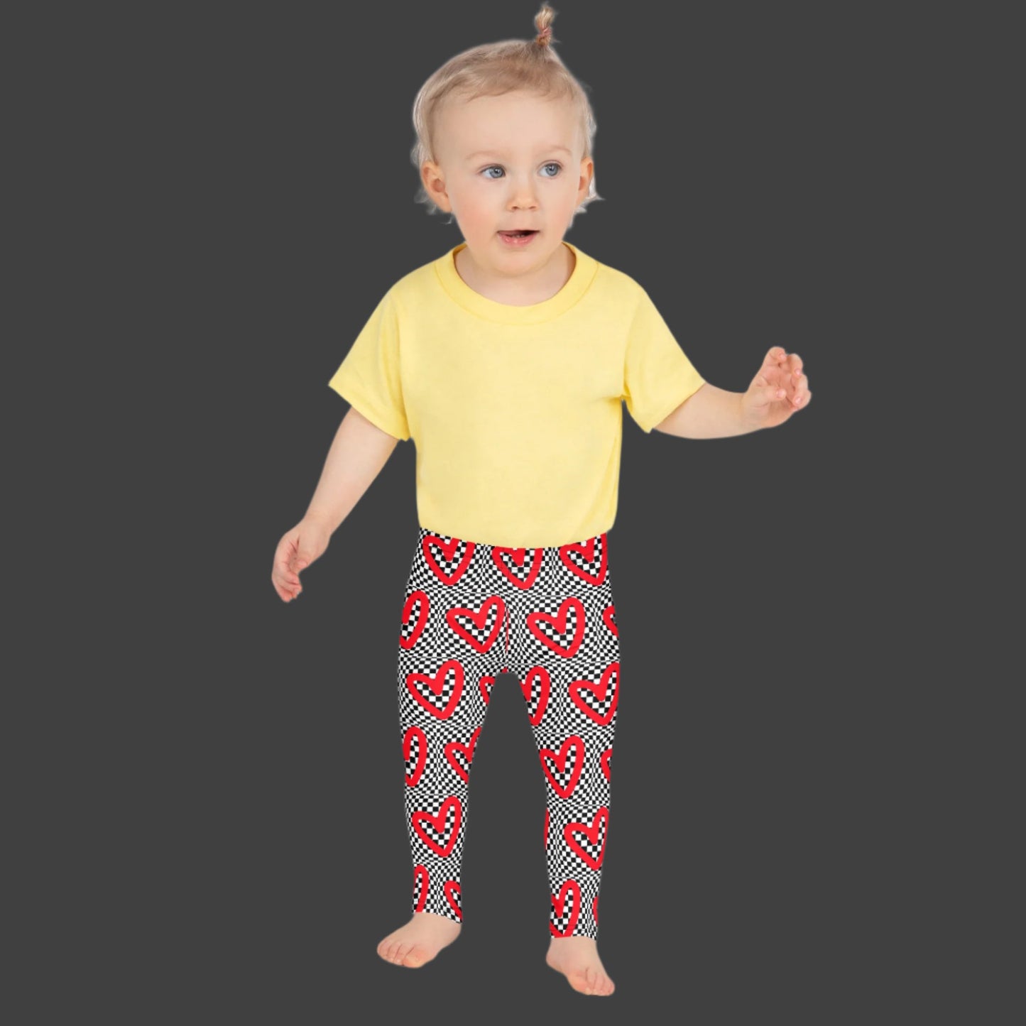 Checkerboard Heart Toddler Leggings, Size 2T- 7. Black and White checker pattern with bold red hearts. Optical illusion child pants, perfect for a gift or back to school, by jaecrece