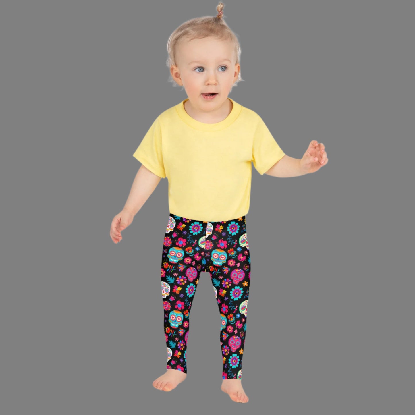 Dia de los Muertos Toddler Leggings, Sugar Skull Girls Pants, Day of the Dead Halloween Costume Tights. Black yoga pants with sugar skulls, and flowers, by jaecrece