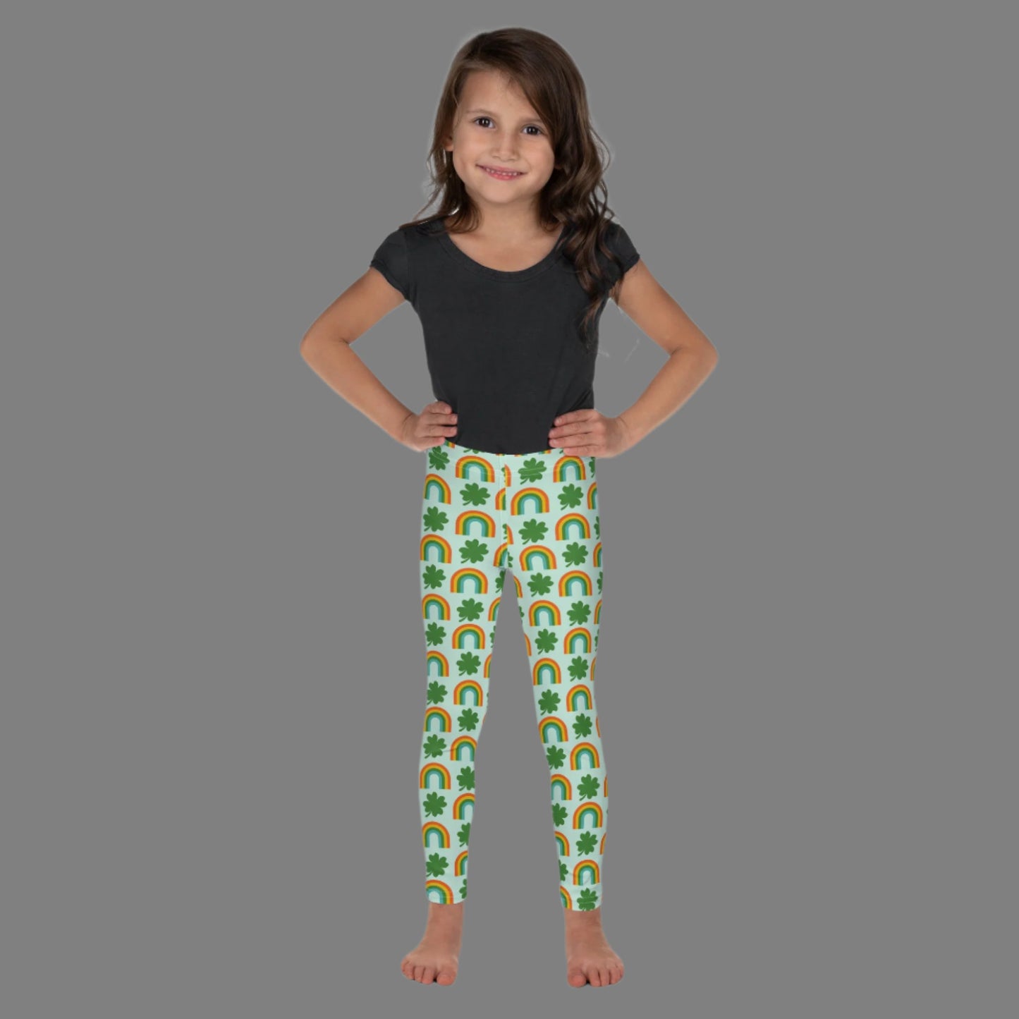 Image: St Patricks Day Toddler Leggings, soft printed tights with a repeating rainbow and shamrock print, All You Need is Luck St Pattys Day Child Leggings, Cute Rainbow & Shamrock Pattern, Girls Yoga Pants with Shamrock & Rainbow Pattern, by jaecrece