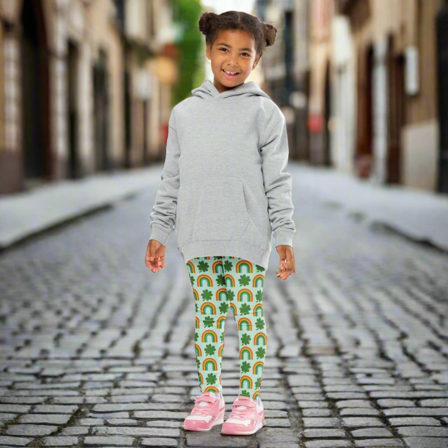 Image: St Patricks Day Toddler Leggings, soft printed tights with a repeating rainbow and shamrock print, All You Need is Luck St Pattys Day Child Leggings, Cute Rainbow & Shamrock Pattern, Girls Yoga Pants with Shamrock & Rainbow Pattern, by jaecrece