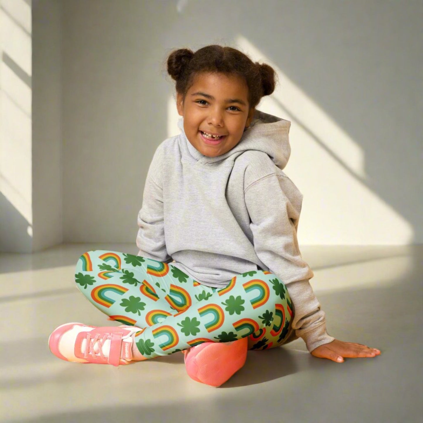 Image: St Patricks Day Toddler Leggings, soft printed tights with a repeating rainbow and shamrock print, All You Need is Luck St Pattys Day Child Leggings, Cute Rainbow & Shamrock Pattern, Girls Yoga Pants with Shamrock & Rainbow Pattern, by jaecrece