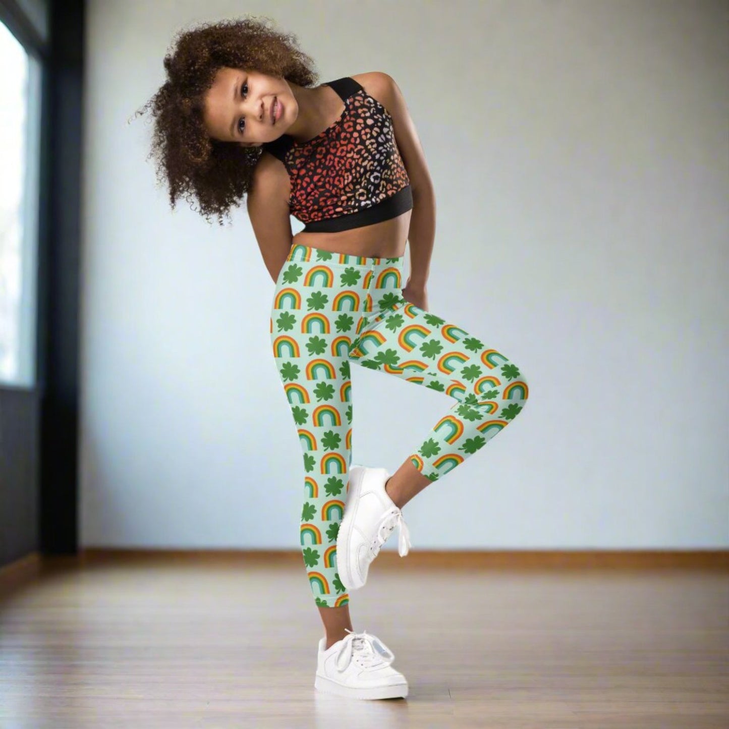 Image: St Patricks Day Toddler Leggings, soft printed tights with a repeating rainbow and shamrock print, All You Need is Luck St Pattys Day Child Leggings, Cute Rainbow & Shamrock Pattern, Girls Yoga Pants with Shamrock & Rainbow Pattern, by jaecrece