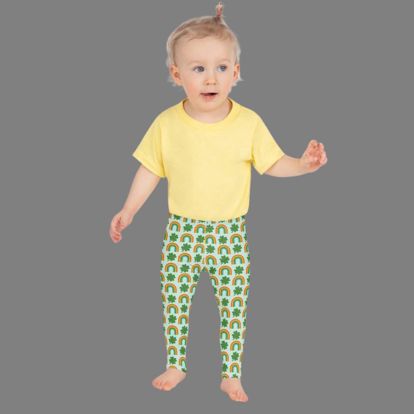 Image: St Patricks Day Toddler Leggings, soft printed tights with a repeating rainbow and shamrock print, All You Need is Luck St Pattys Day Child Leggings, Cute Rainbow & Shamrock Pattern, Girls Yoga Pants with Shamrock & Rainbow Pattern, by jaecrece