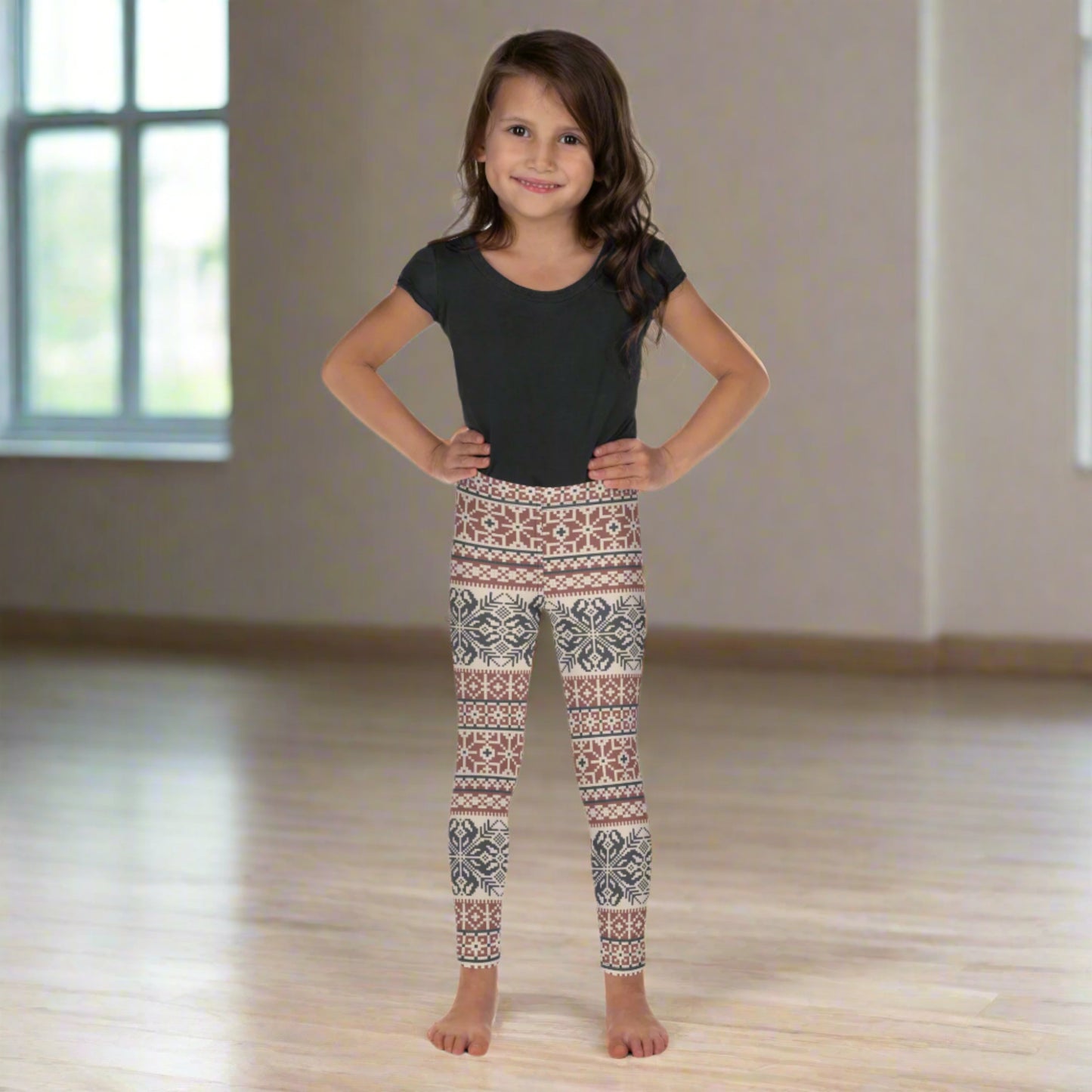 Image: Fair Isle Girls Leggings with a Nordic Snowflake pattern in cream, maroon and navy blue. Scandi Active wear yoga pants in child an toddler sizes 2T-7, by jaecrece