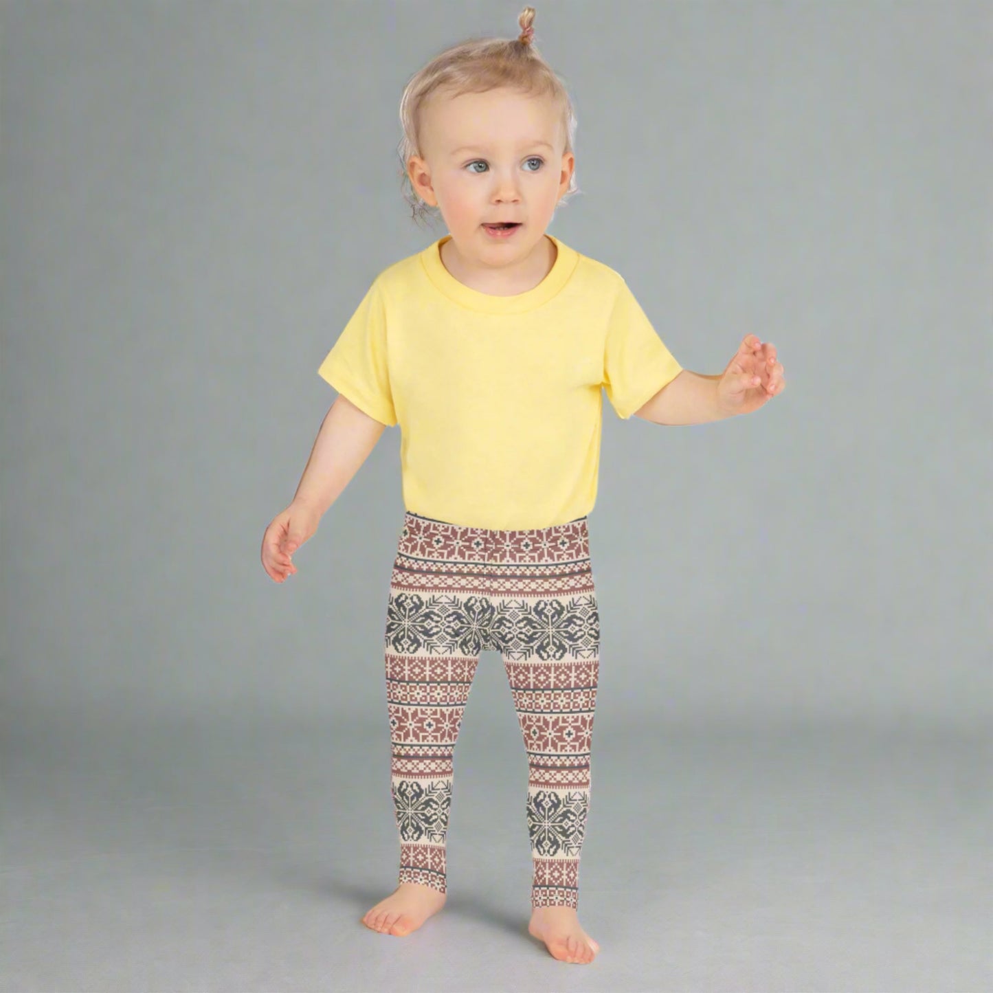 Image: Fair Isle Girls Leggings with a Nordic Snowflake pattern in cream, maroon and navy blue. Scandi Active wear yoga pants in child an toddler sizes 2T-7, by jaecrece