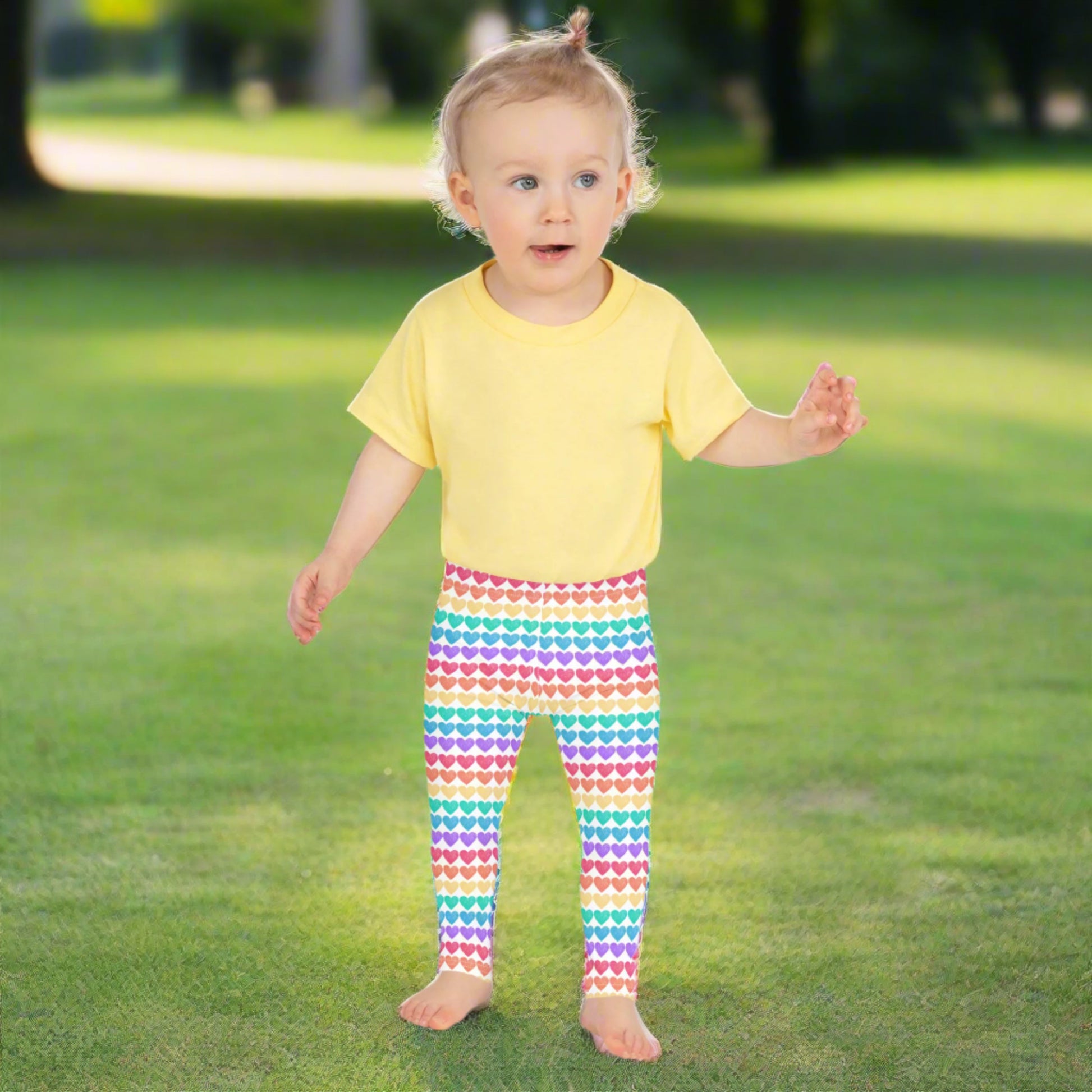 These toddler leggings are soft, stretchy, and covered in happy rainbow hearts—perfect for the little one who loves color! With sizes from 2T to 7, they're made to move and match with youth and women's sizes for coordinated family fun at Pride, parties, or playful weekends.