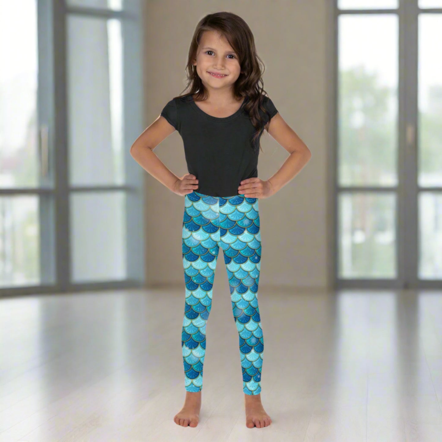 Image: Blue Mermaid Girls Leggings. These toddler yoga pants are mermaidcore aesthetic and available in sizes 2T-7. Perfect for mermaid themed birthday parties or Halloween costumes, by jaecrece