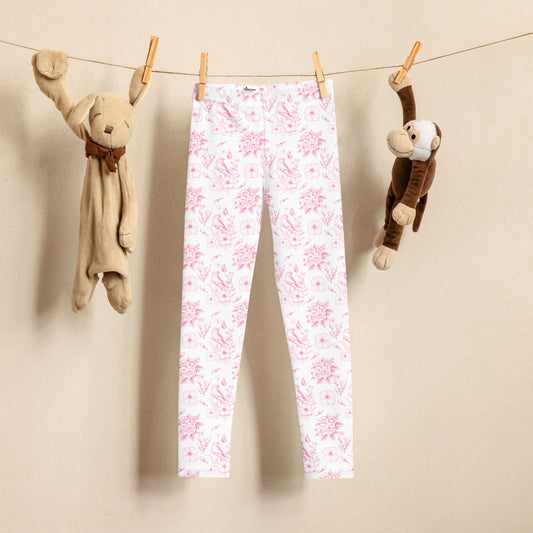 Image: Delicate and charming, these pink toile leggings for toddlers are made for family matching outfits, photo sessions, or spring celebrations. Designed in sizes 2T to 7, these leggings blend vintage-inspired style with practical comfort for active little girls, by jaecrece.