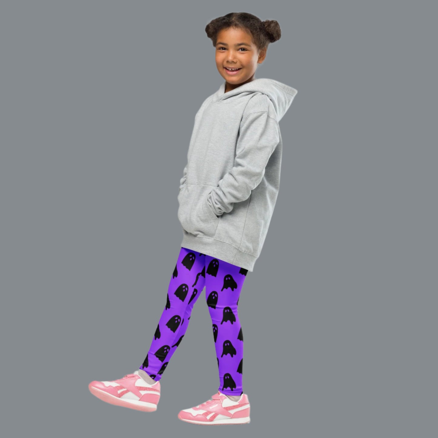 Purple toddler Halloween leggings with a black cute ghost face print, available in size 2T-7. These yoga leggings are perfect or trick or treating or for a Halloween costume. Unisex. by jaecrece