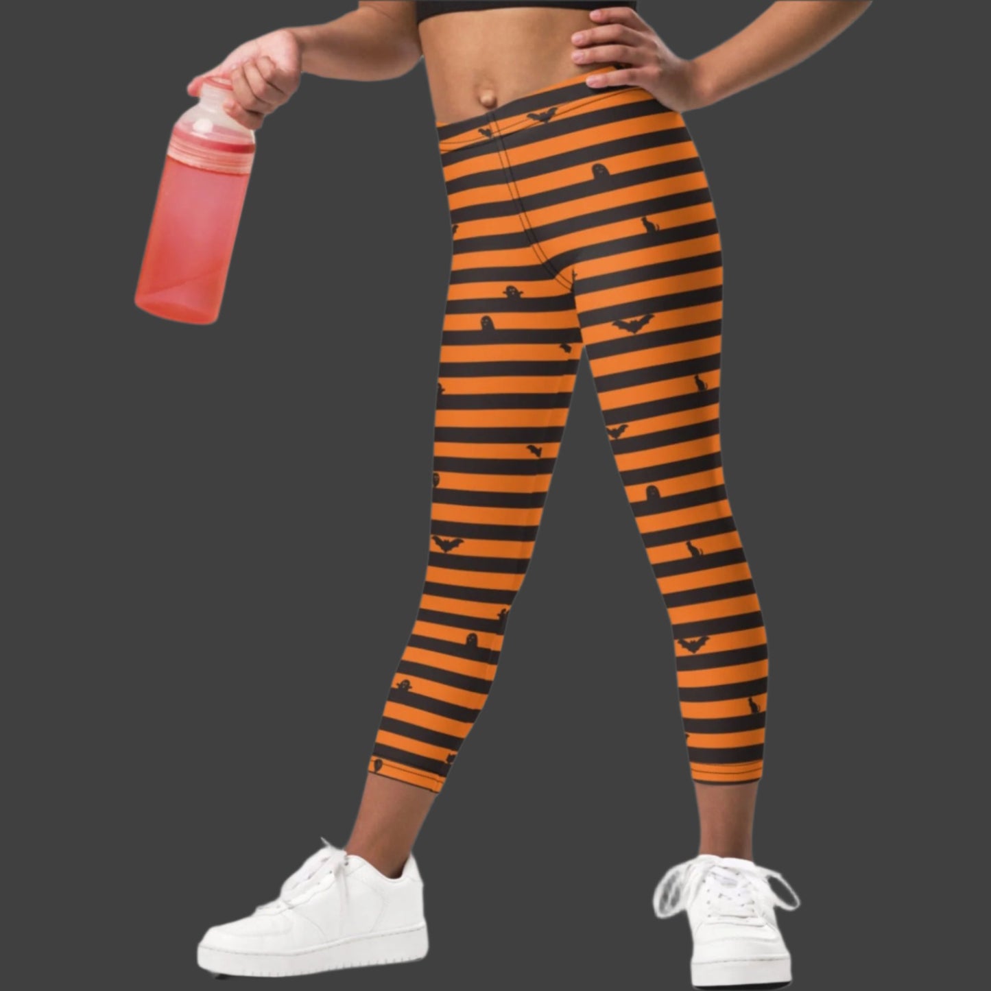 Orange and Black Stripe Halloween Toddler Leggings, with cute bats, ghosts and black cats. Girls Toddler Tights for Trick or Treating. Halloween school pants outfit, by jaecrece