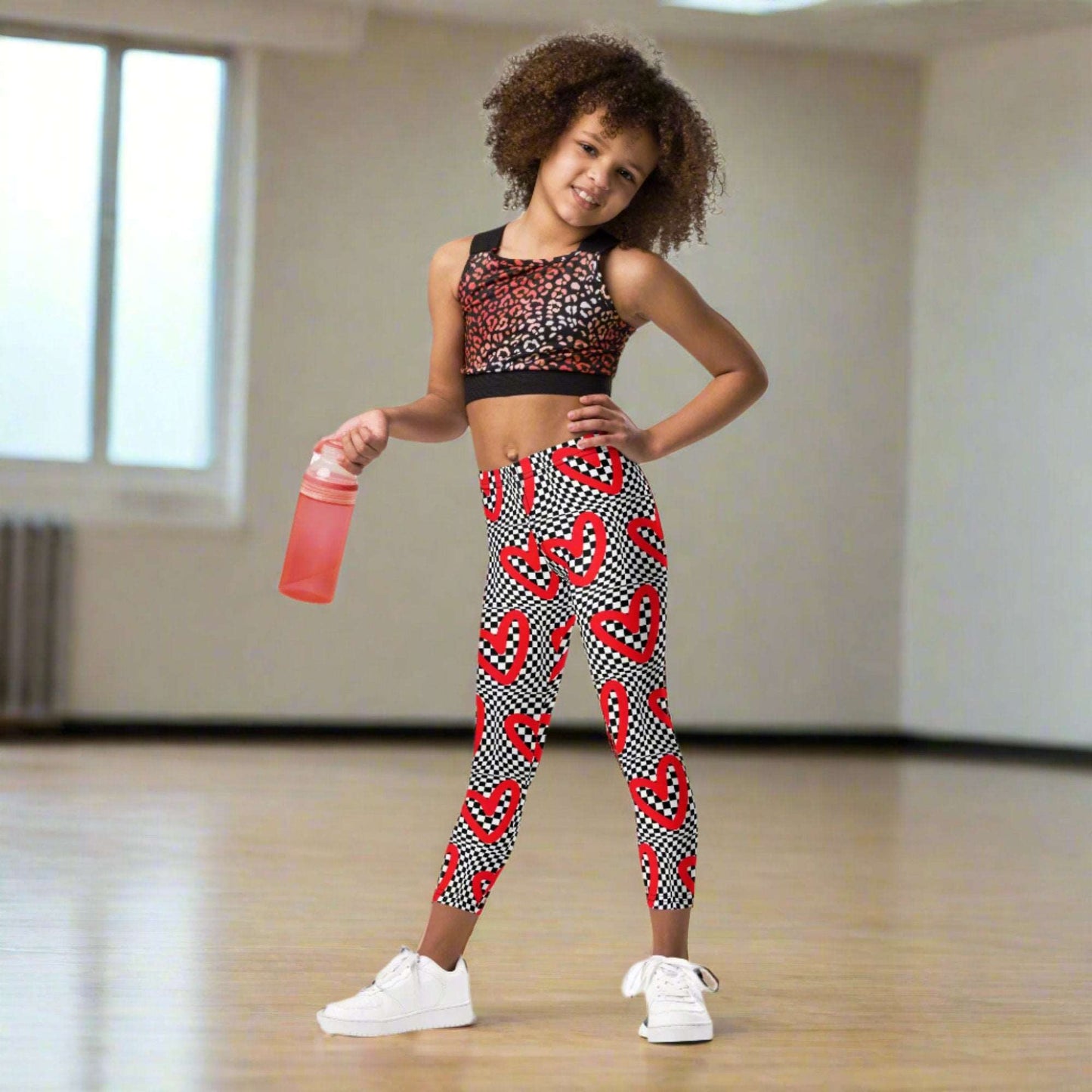 Checkerboard Heart Toddler Leggings, Size 2T- 7. Black and White checker pattern with bold red hearts. Optical illusion child pants, perfect for a gift or back to school, by jaecrece