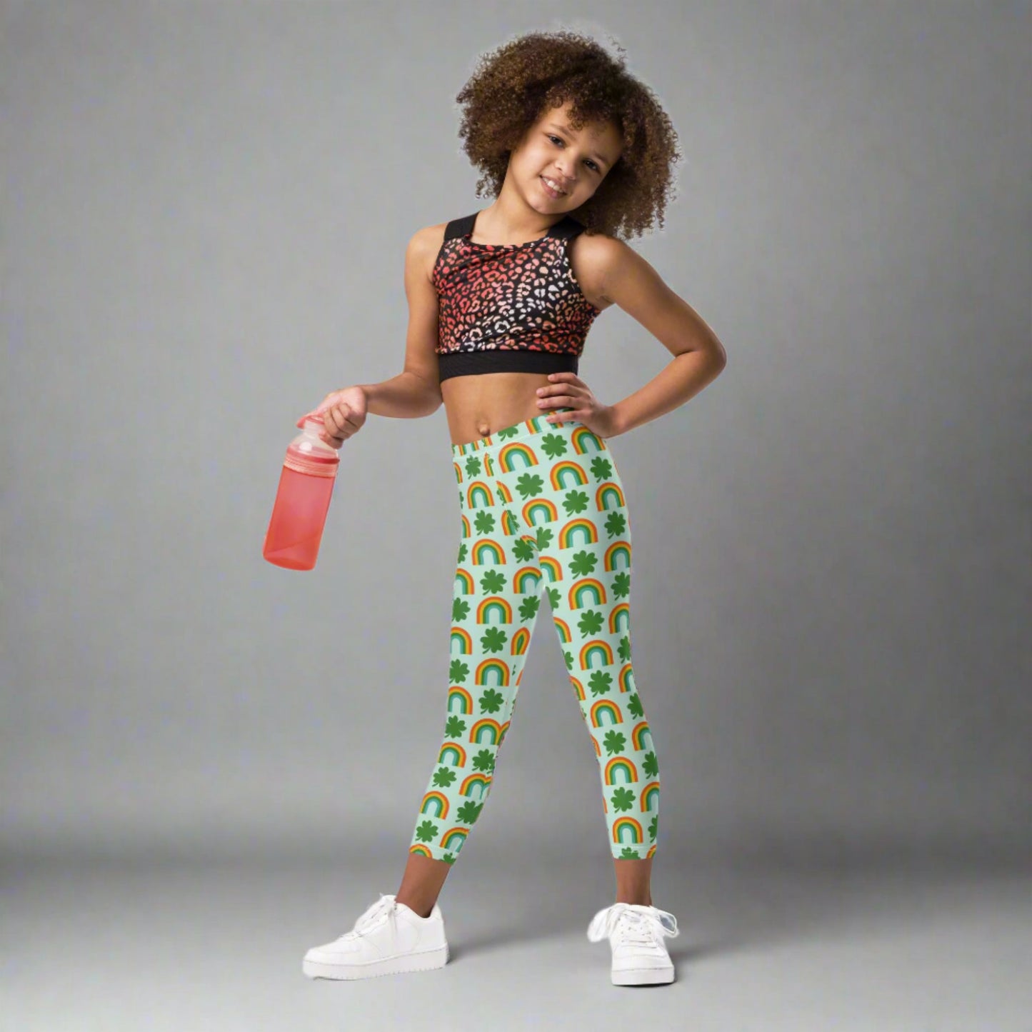 Image: St Patricks Day Toddler Leggings, soft printed tights with a repeating rainbow and shamrock print, All You Need is Luck St Pattys Day Child Leggings, Cute Rainbow & Shamrock Pattern, Girls Yoga Pants with Shamrock & Rainbow Pattern, by jaecrece