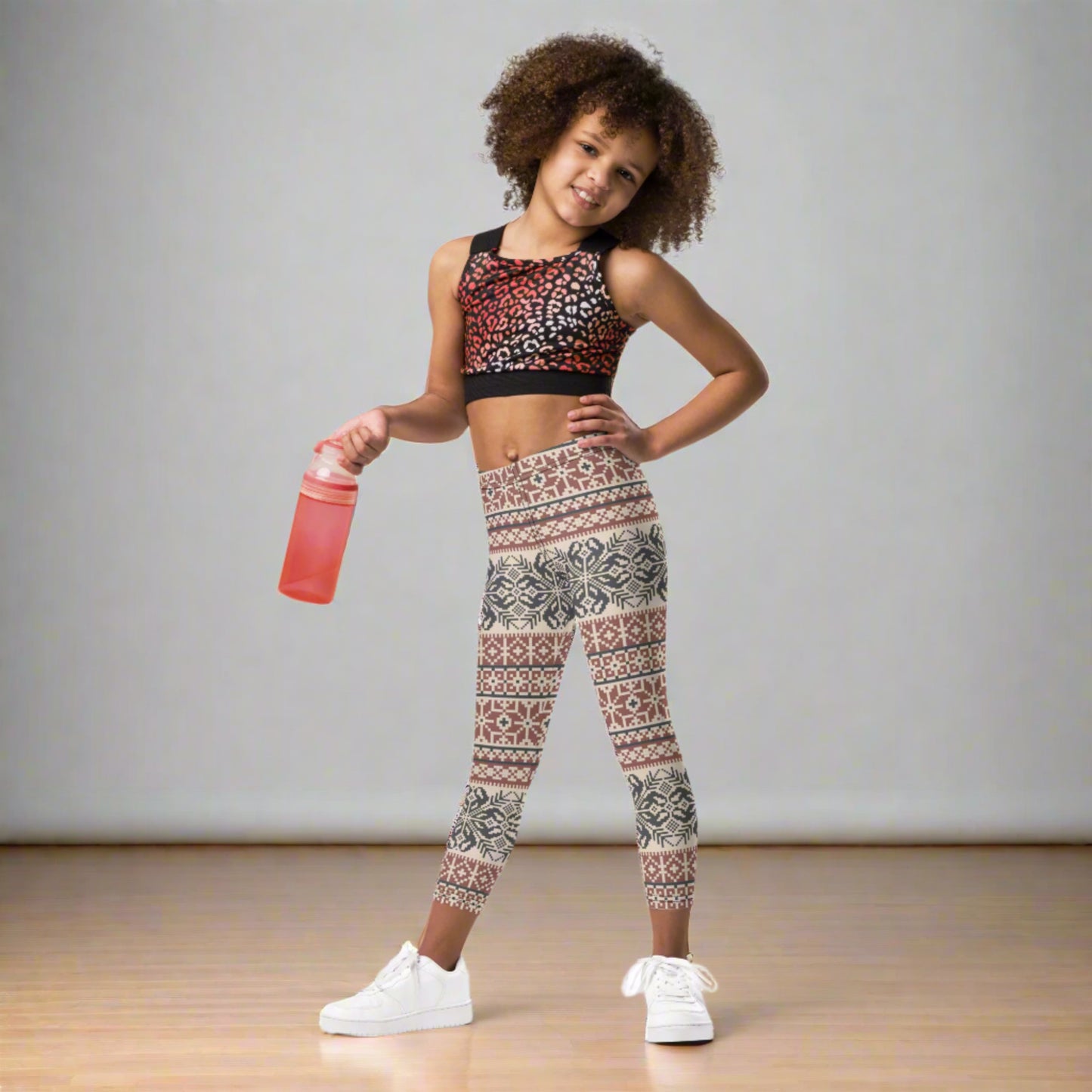 Image: Fair Isle Girls Leggings with a Nordic Snowflake pattern in cream, maroon and navy blue. Scandi Active wear yoga pants in child an toddler sizes 2T-7, by jaecrece