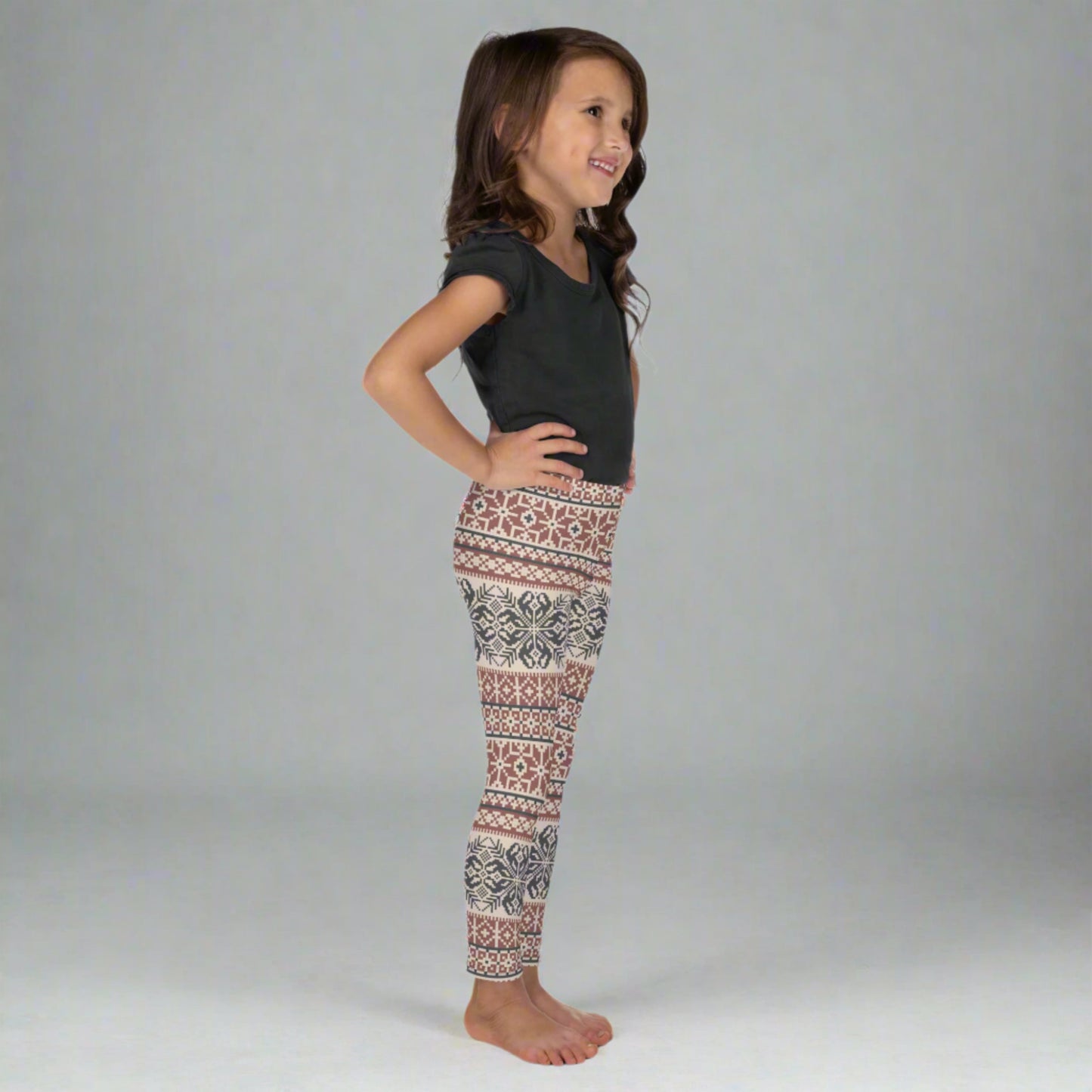 Image: Fair Isle Girls Leggings with a Nordic Snowflake pattern in cream, maroon and navy blue. Scandi Active wear yoga pants in child an toddler sizes 2T-7, by jaecrece